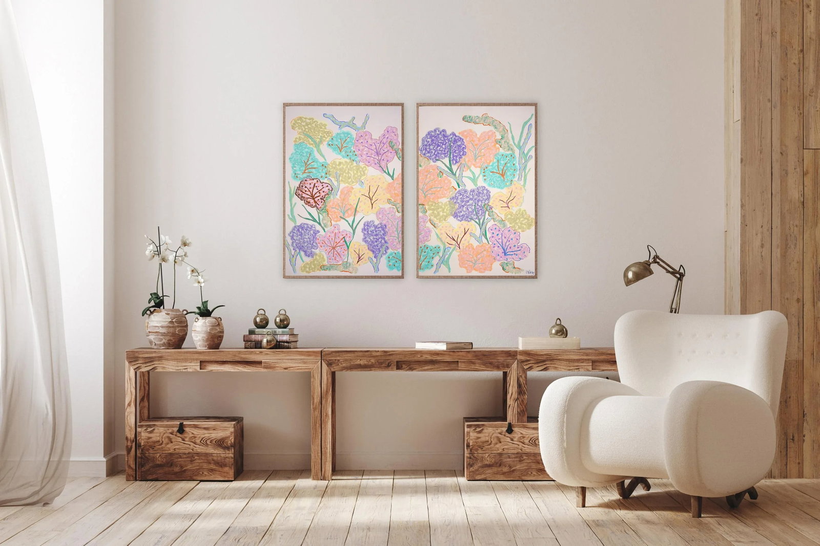 2025, Abstract Illustration Seascape in Pastel Tones of Vivid Sea Sponges, Gouache Crayon on Waterco - 2