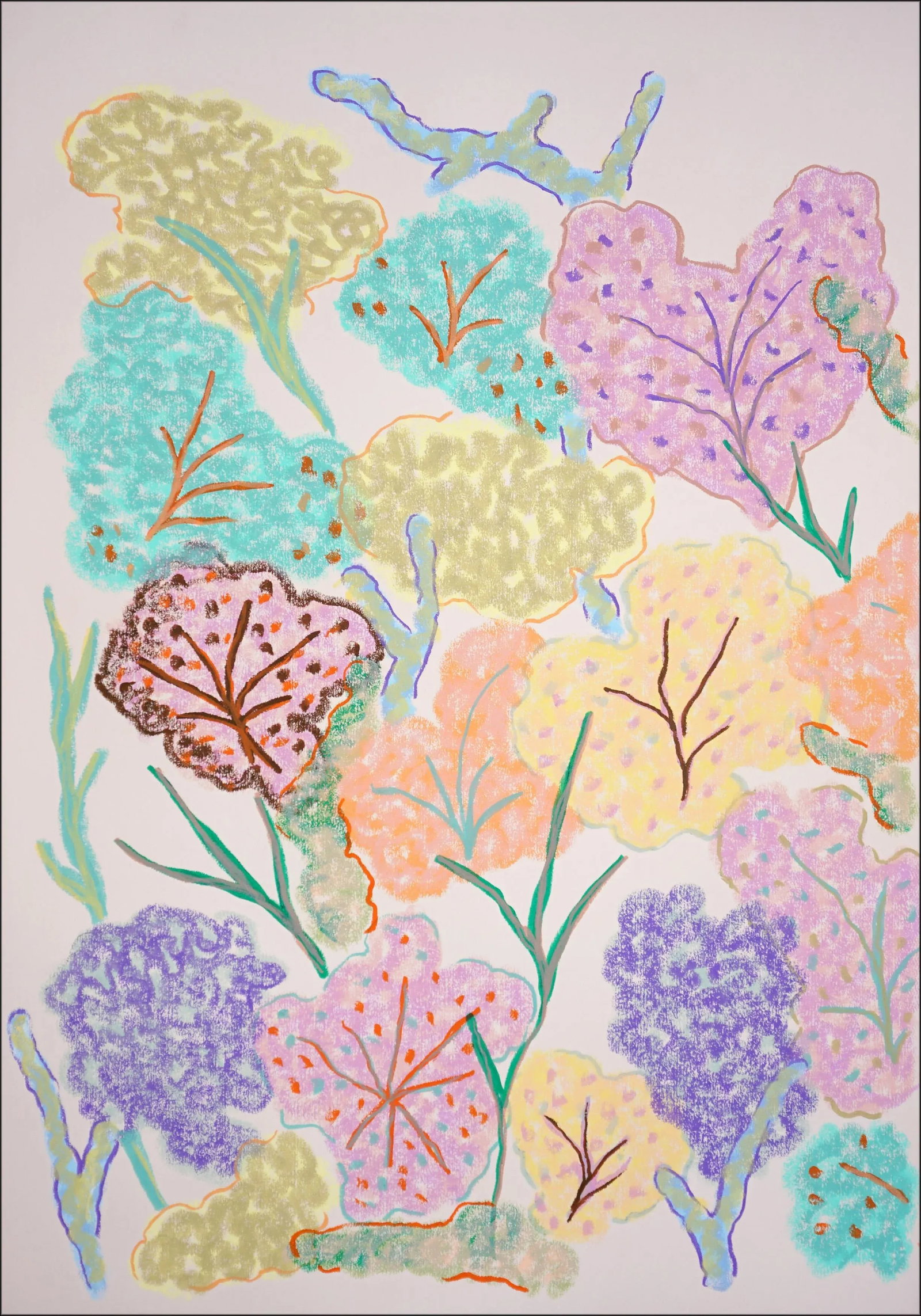 2025, Abstract Illustration Seascape in Pastel Tones of Vivid Sea Sponges, Gouache Crayon on Waterco - 3