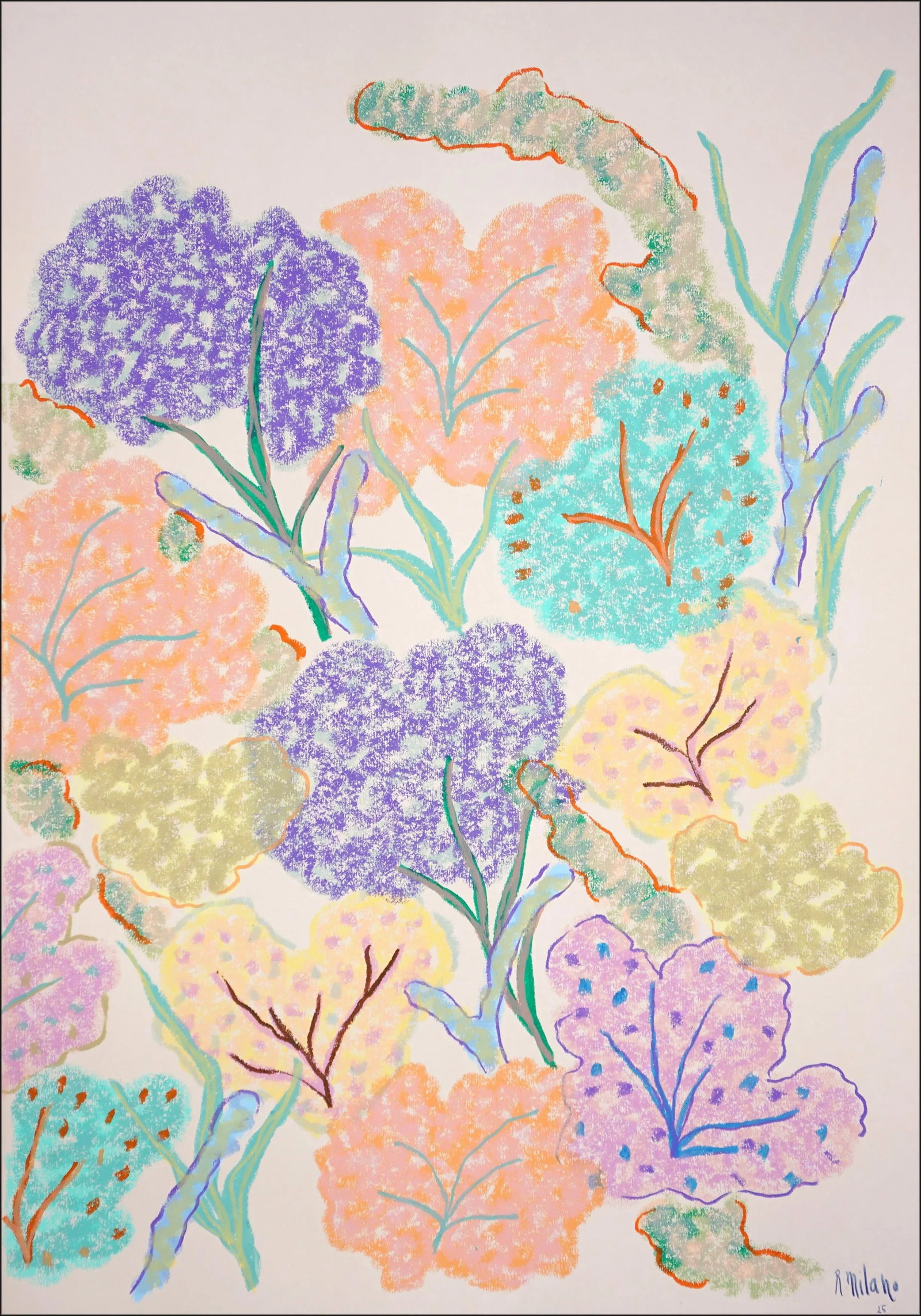 2025, Abstract Illustration Seascape in Pastel Tones of Vivid Sea Sponges, Gouache Crayon on Waterco - 4