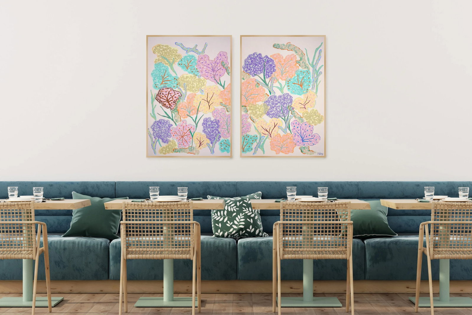 2025, Abstract Illustration Seascape in Pastel Tones of Vivid Sea Sponges, Gouache Crayon on Waterco - 5