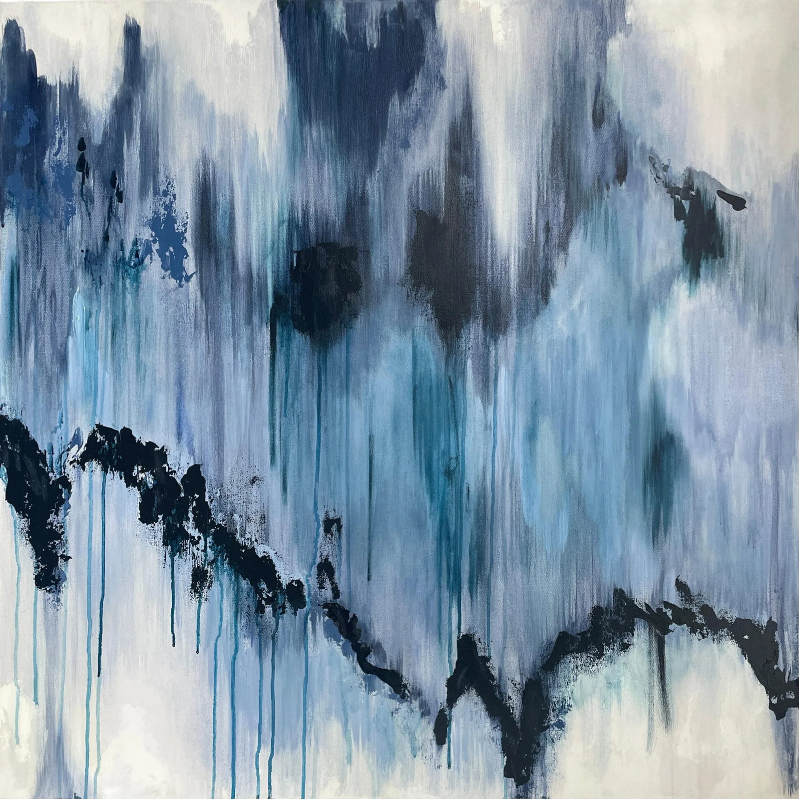 Large Indigo Blue and White Abstract Expression Textured Painting: This abstract expression style painting features overlaying vertical brushstrokes of diluted inks and long drips over a white background, sealed in a soft satin finish. Rendered on 1.5" deep gallery