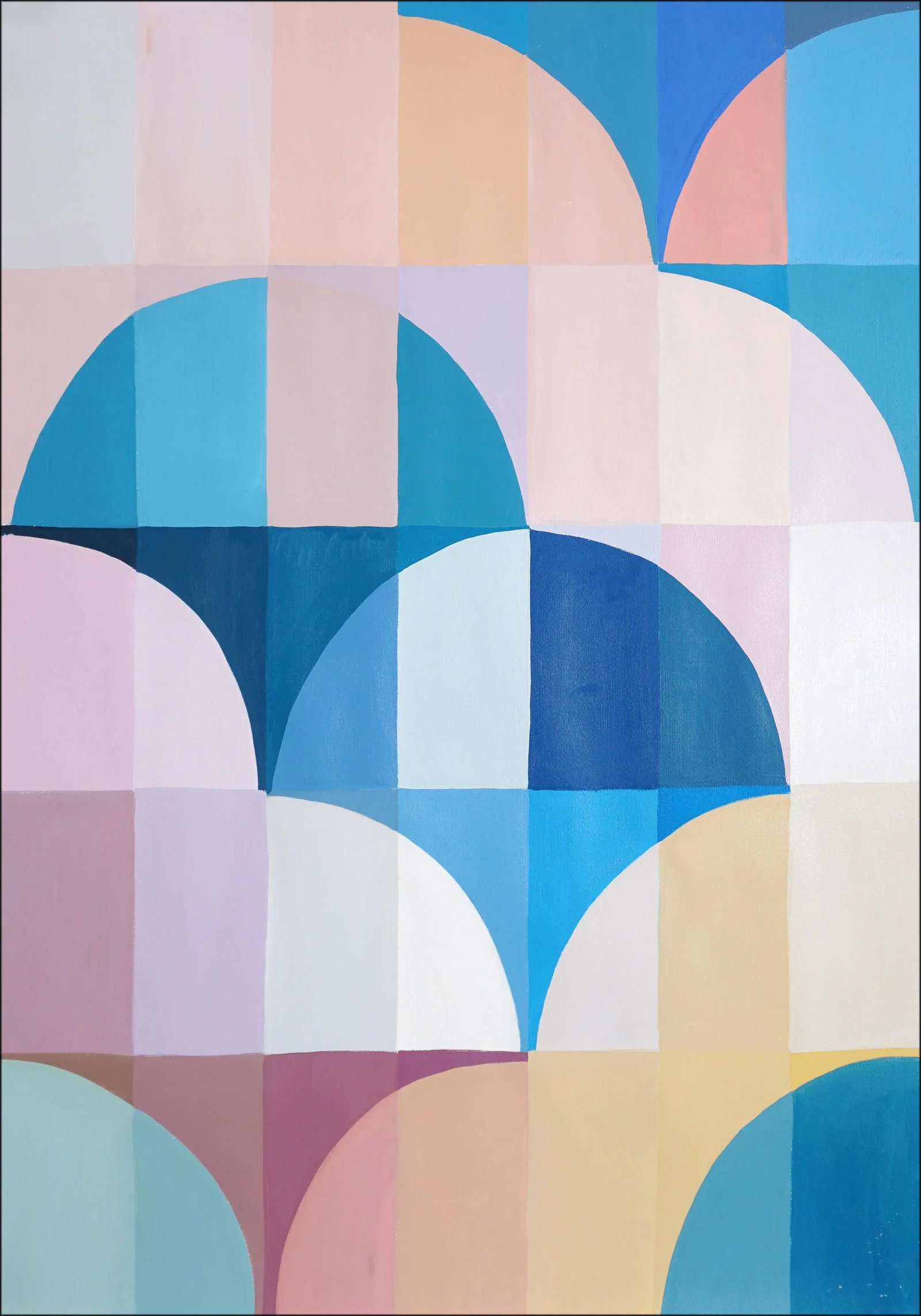 2025, Abstract Geometric Painting, Bauhaus Arches and Curves, Pink Dawn, Acrylic Painting on Waterco: Pink Dawn by natalia Roman channels the spirit of Bauhaus with a modern sensibility, balancing geometry, symmetry, and refined color interaction. This composition is structured through intersecting