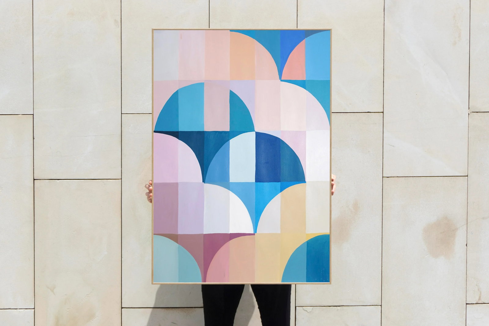 2025, Abstract Geometric Painting, Bauhaus Arches and Curves, Pink Dawn, Acrylic Painting on Waterco - 2