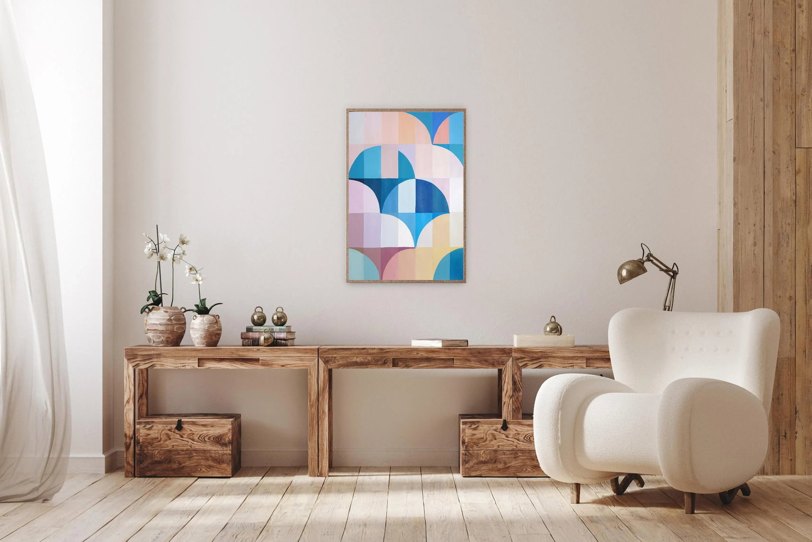 2025, Abstract Geometric Painting, Bauhaus Arches and Curves, Pink Dawn, Acrylic Painting on Waterco - 5