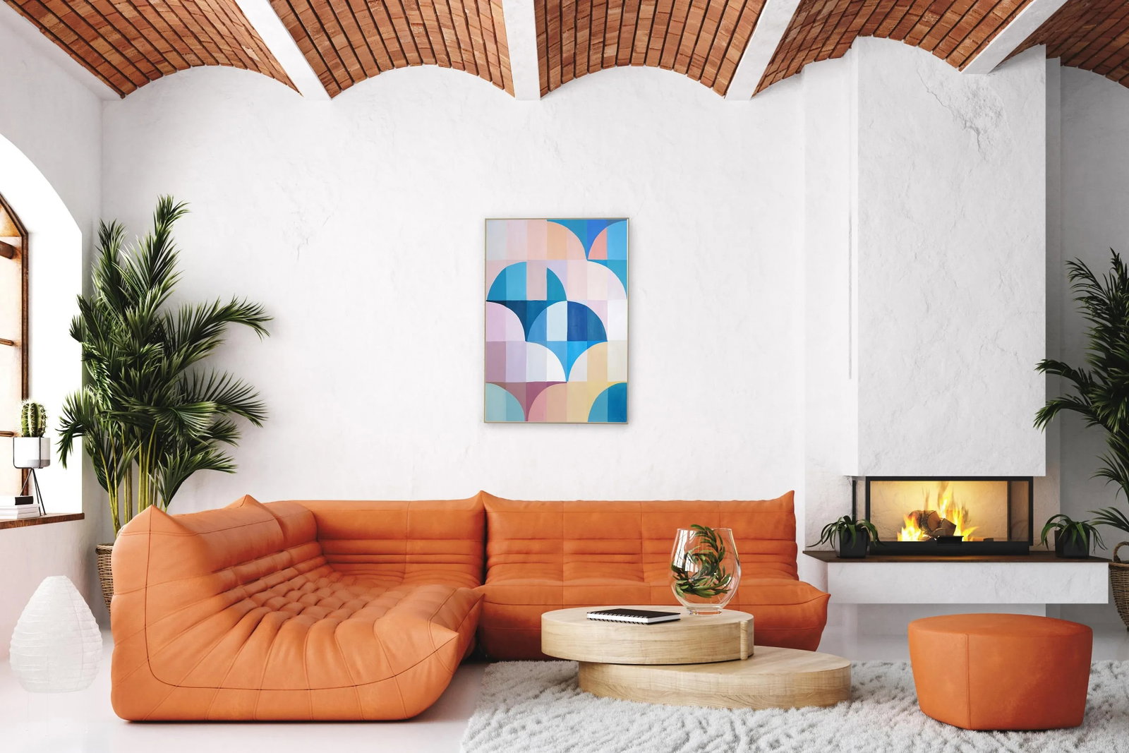 2025, Abstract Geometric Painting, Bauhaus Arches and Curves, Pink Dawn, Acrylic Painting on Waterco - 7