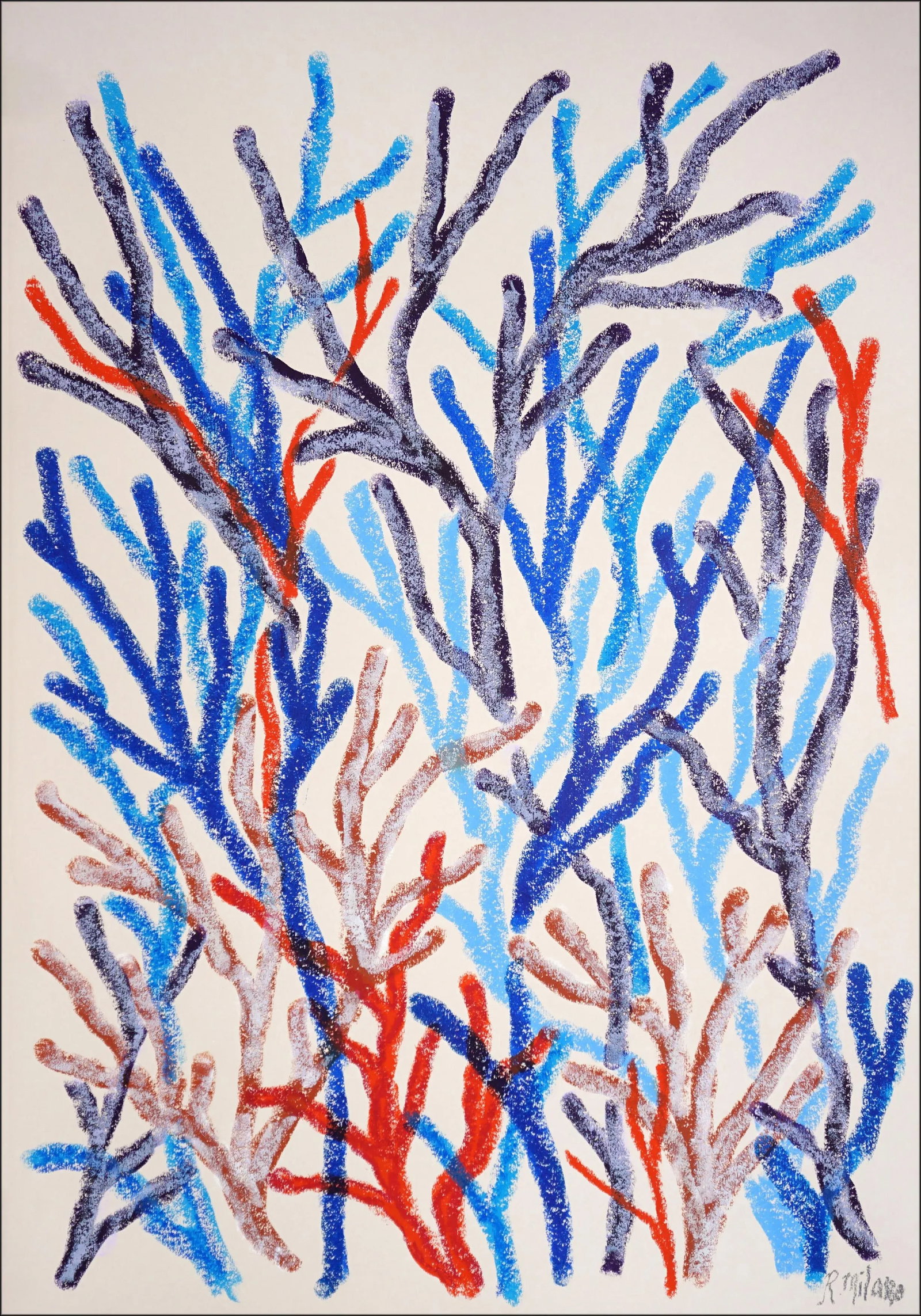 2025, Abstract Geometric Branches, Biomorphic Coral Reef, Blue Marine Flora, Gouache Crayon on Water: Blue Marine Flora is a dynamic, nature-inspired painting that evokes the lush complexity of coral ecosystems. With bold strokes in vivid blue, red and charcoal, the composition mimics the organic