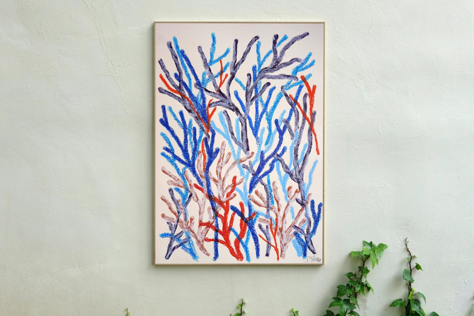 2025, Abstract Geometric Branches, Biomorphic Coral Reef, Blue Marine Flora, Gouache Crayon on Water - 2