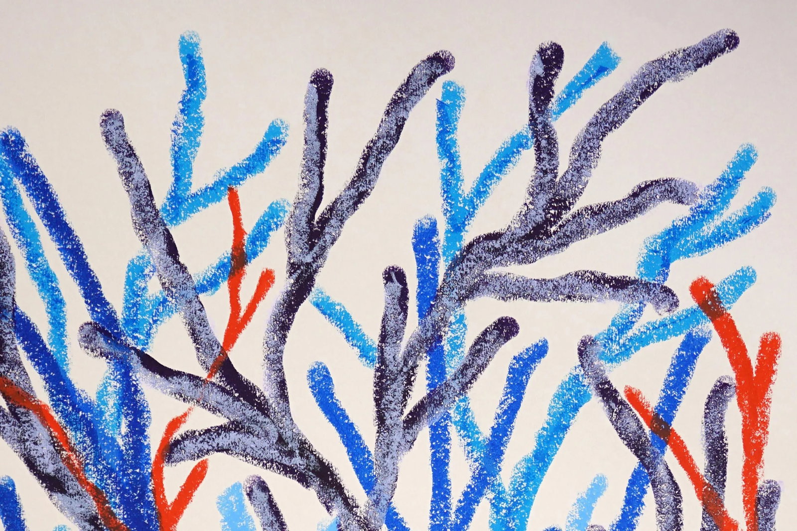 2025, Abstract Geometric Branches, Biomorphic Coral Reef, Blue Marine Flora, Gouache Crayon on Water - 3