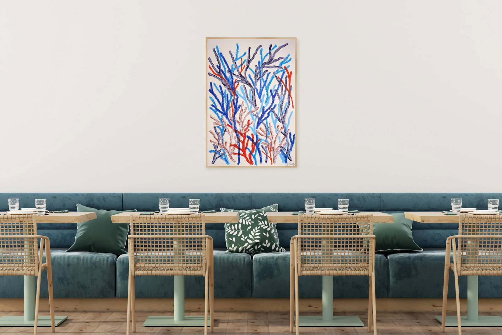 2025, Abstract Geometric Branches, Biomorphic Coral Reef, Blue Marine Flora, Gouache Crayon on Water - 4