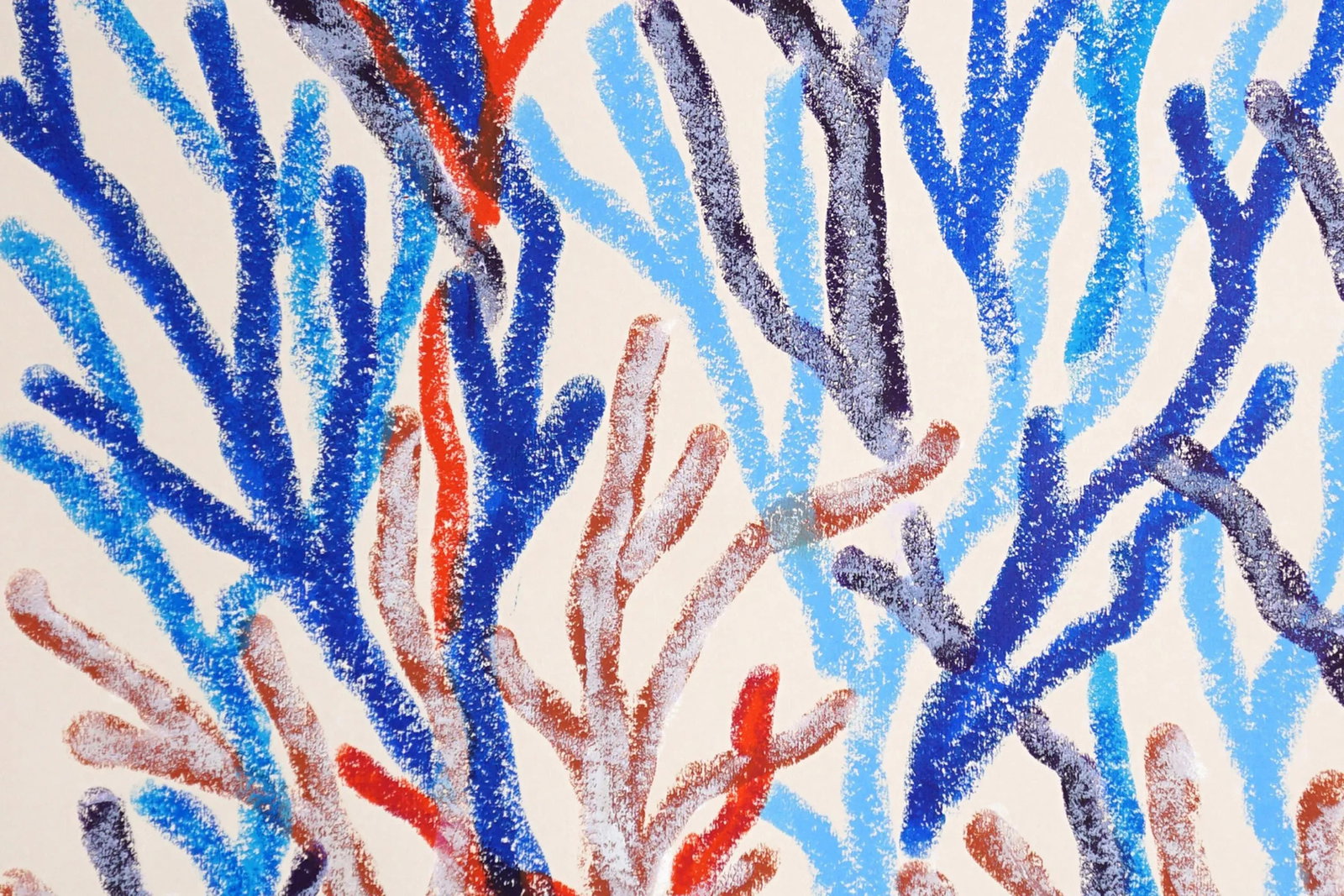 2025, Abstract Geometric Branches, Biomorphic Coral Reef, Blue Marine Flora, Gouache Crayon on Water - 5