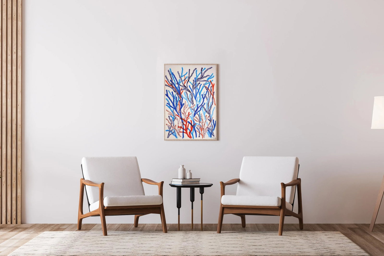 2025, Abstract Geometric Branches, Biomorphic Coral Reef, Blue Marine Flora, Gouache Crayon on Water - 6