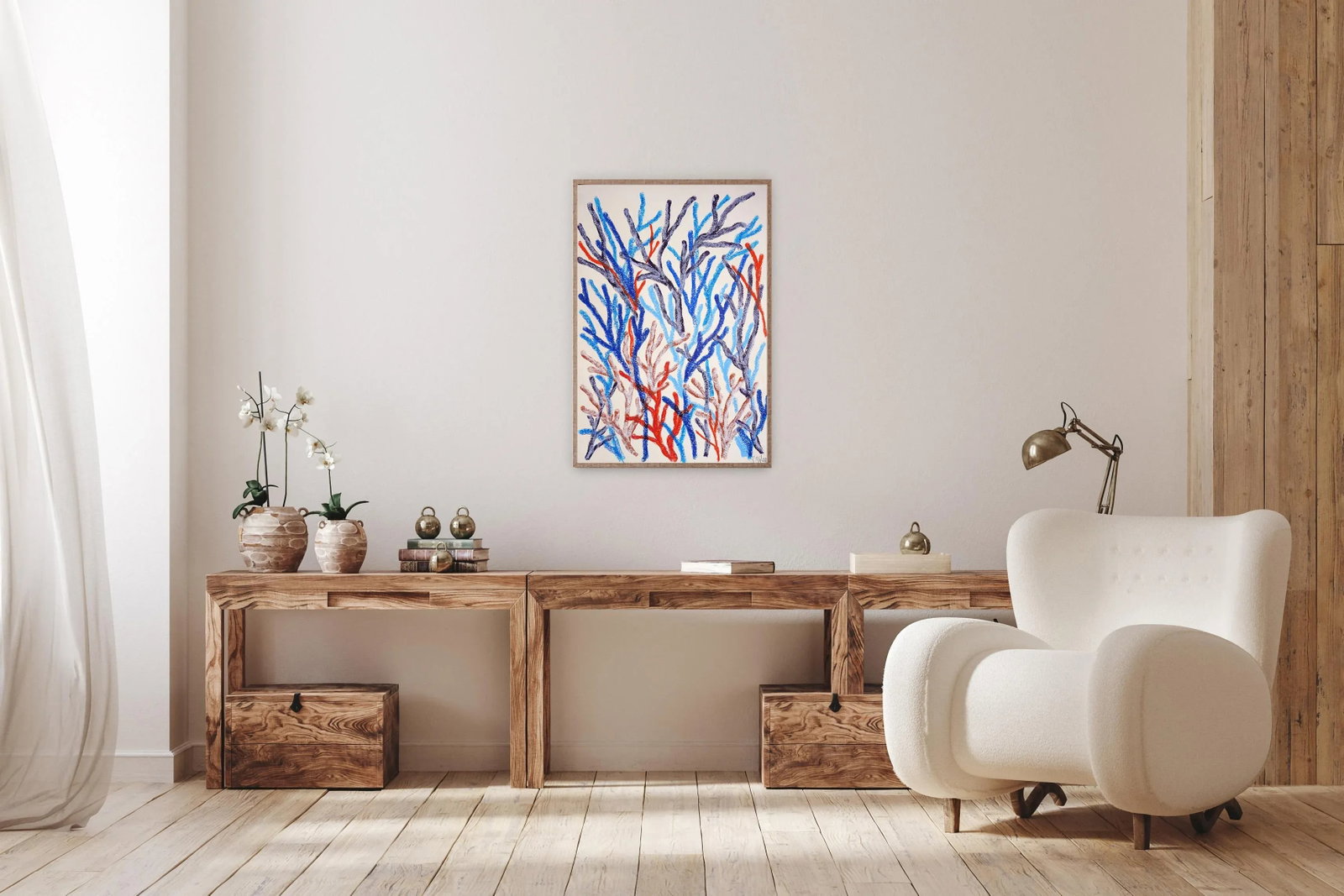 2025, Abstract Geometric Branches, Biomorphic Coral Reef, Blue Marine Flora, Gouache Crayon on Water - 7