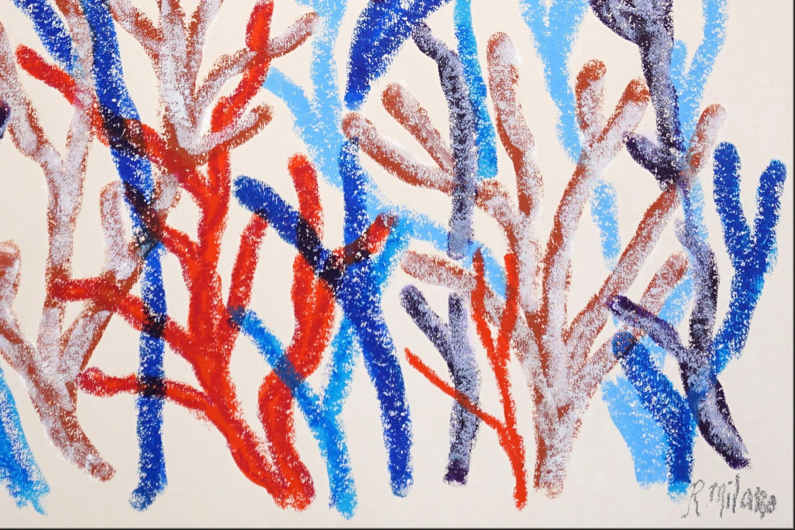2025, Abstract Geometric Branches, Biomorphic Coral Reef, Blue Marine Flora, Gouache Crayon on Water - 8