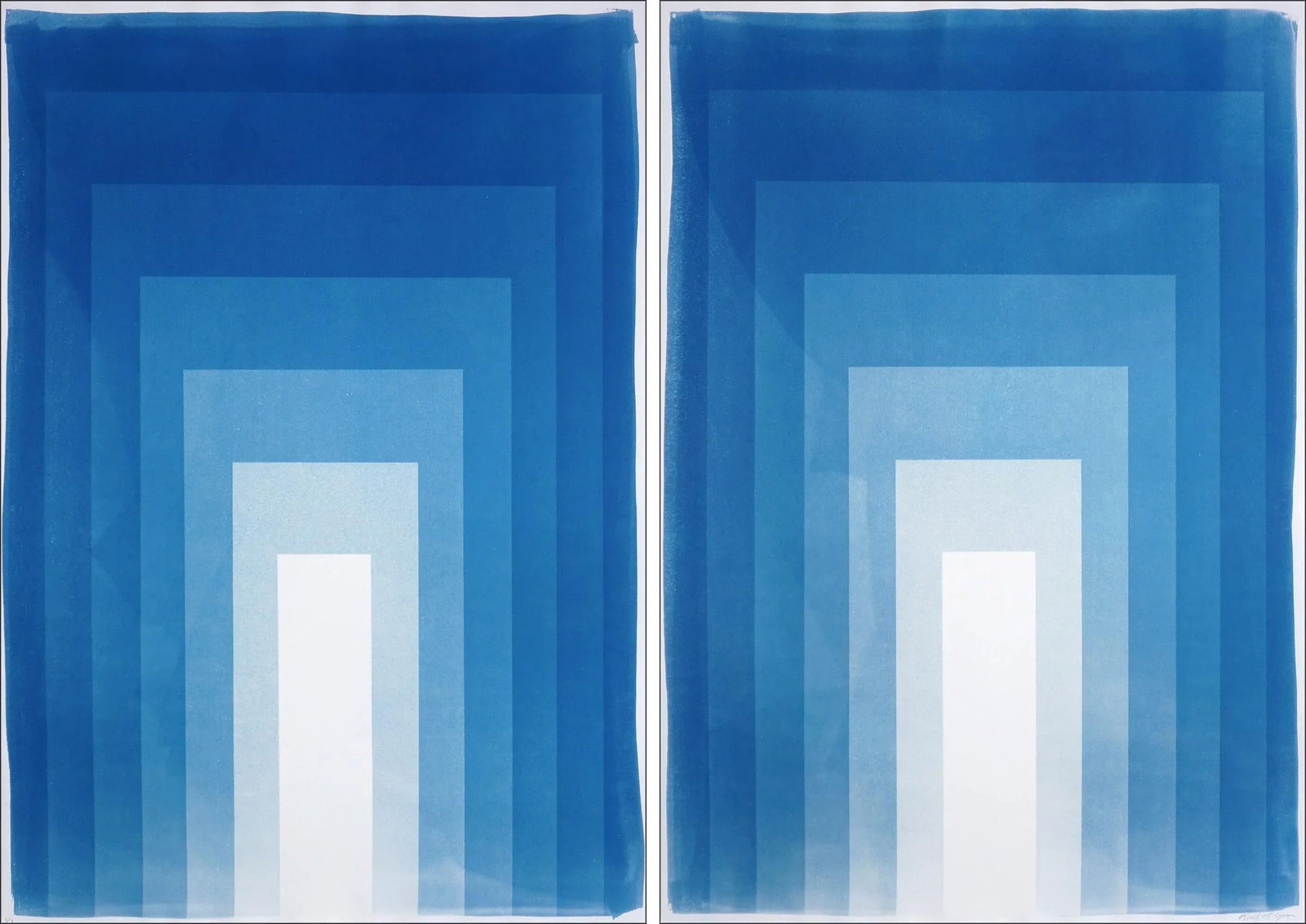 2025, Abstract Geometric, Large Diptych in Indigo Blue, Double Portal, Handmade Unique Monotype Cyan: Double Portals is a cyanotype diptych that plays with depth, geometry, and light. Composed of layered indigo gradients, the work creates a rhythmic sense of movement, drawing the viewer inward