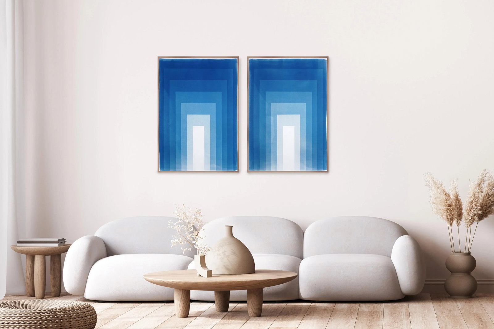 2025, Abstract Geometric, Large Diptych in Indigo Blue, Double Portal, Handmade Unique Monotype Cyan - 2