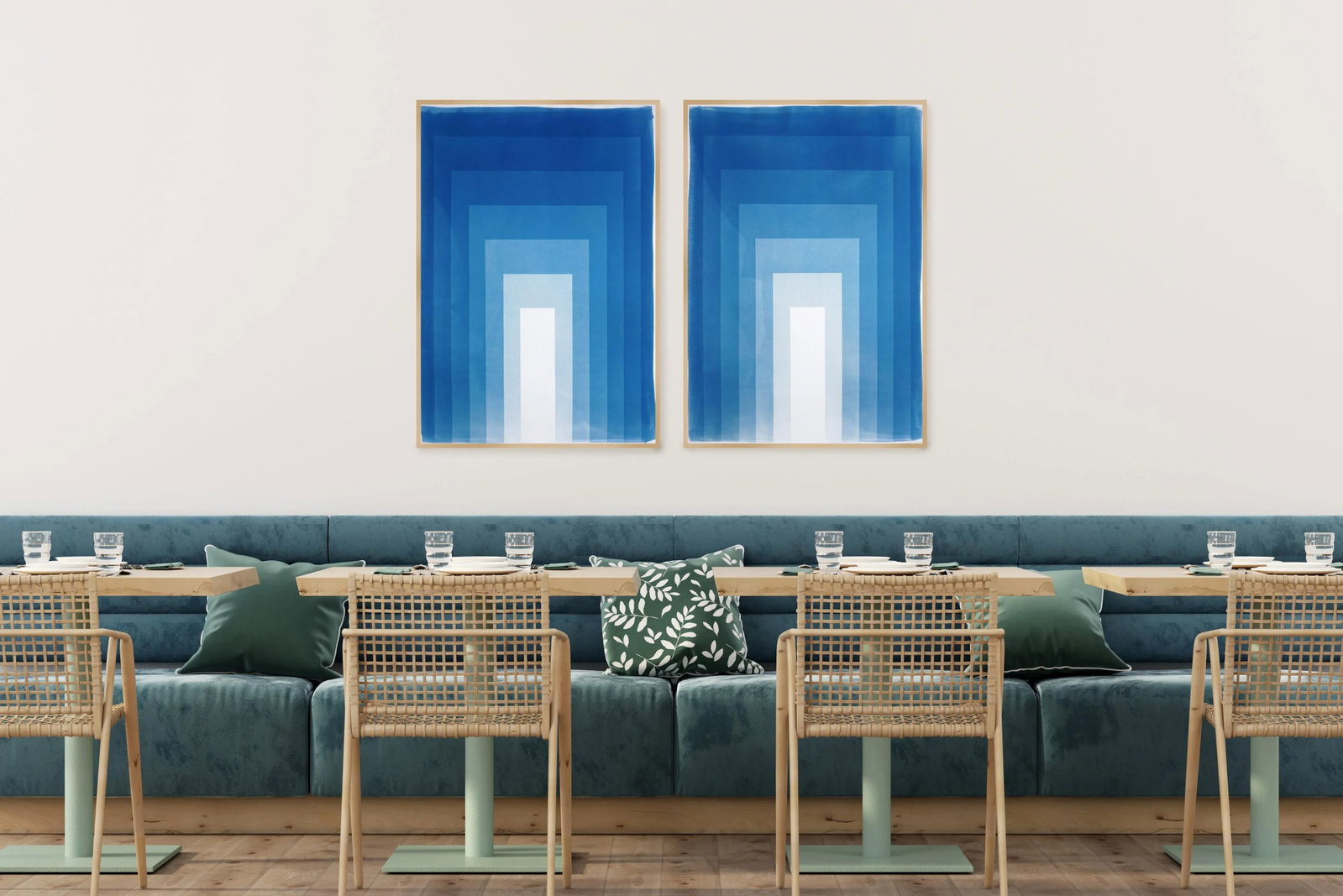2025, Abstract Geometric, Large Diptych in Indigo Blue, Double Portal, Handmade Unique Monotype Cyan - 5