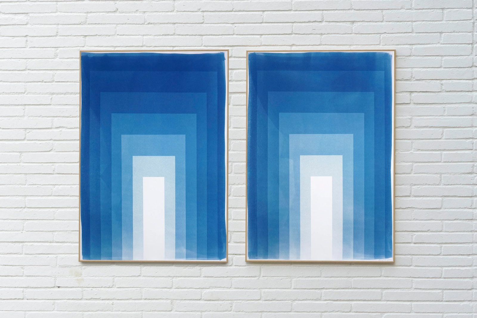 2025, Abstract Geometric, Large Diptych in Indigo Blue, Double Portal, Handmade Unique Monotype Cyan - 7