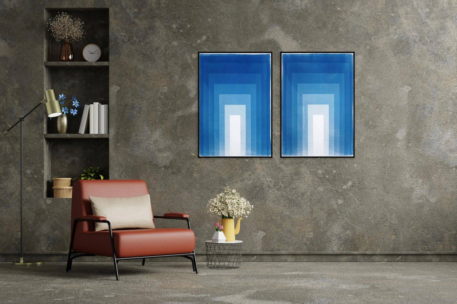 2025, Abstract Geometric, Large Diptych in Indigo Blue, Double Portal, Handmade Unique Monotype Cyan - 8