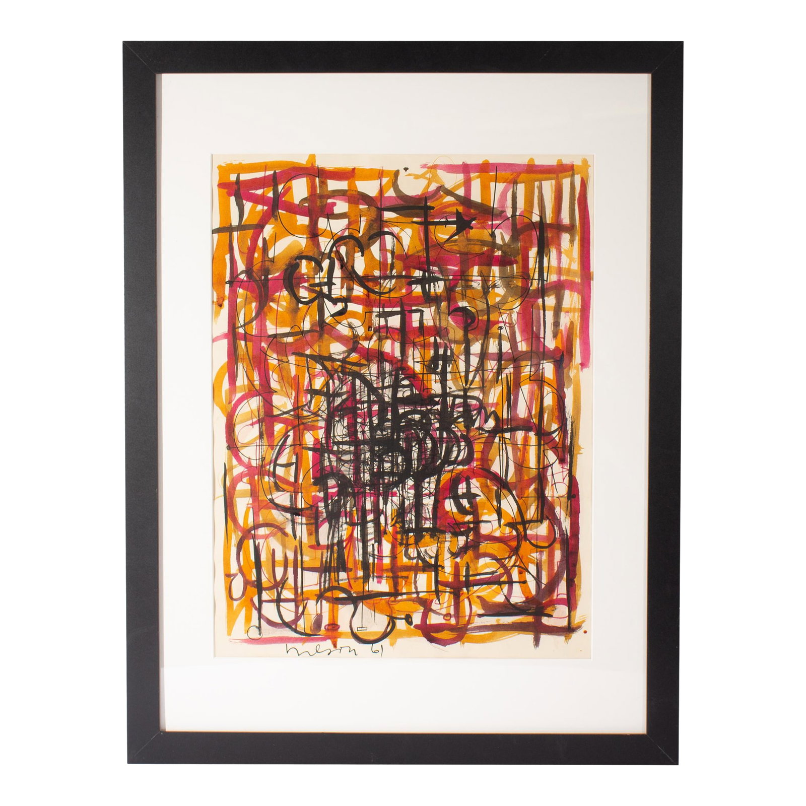 1961 Abstract Ink and Watercolor Painting by Harry Hilson: A 1961 ink and watercolor painting by the American artist Harry Hilson (1935-2004). This abstract work features a dense array of strong black lines superimposed over a frenetic collection of orange,