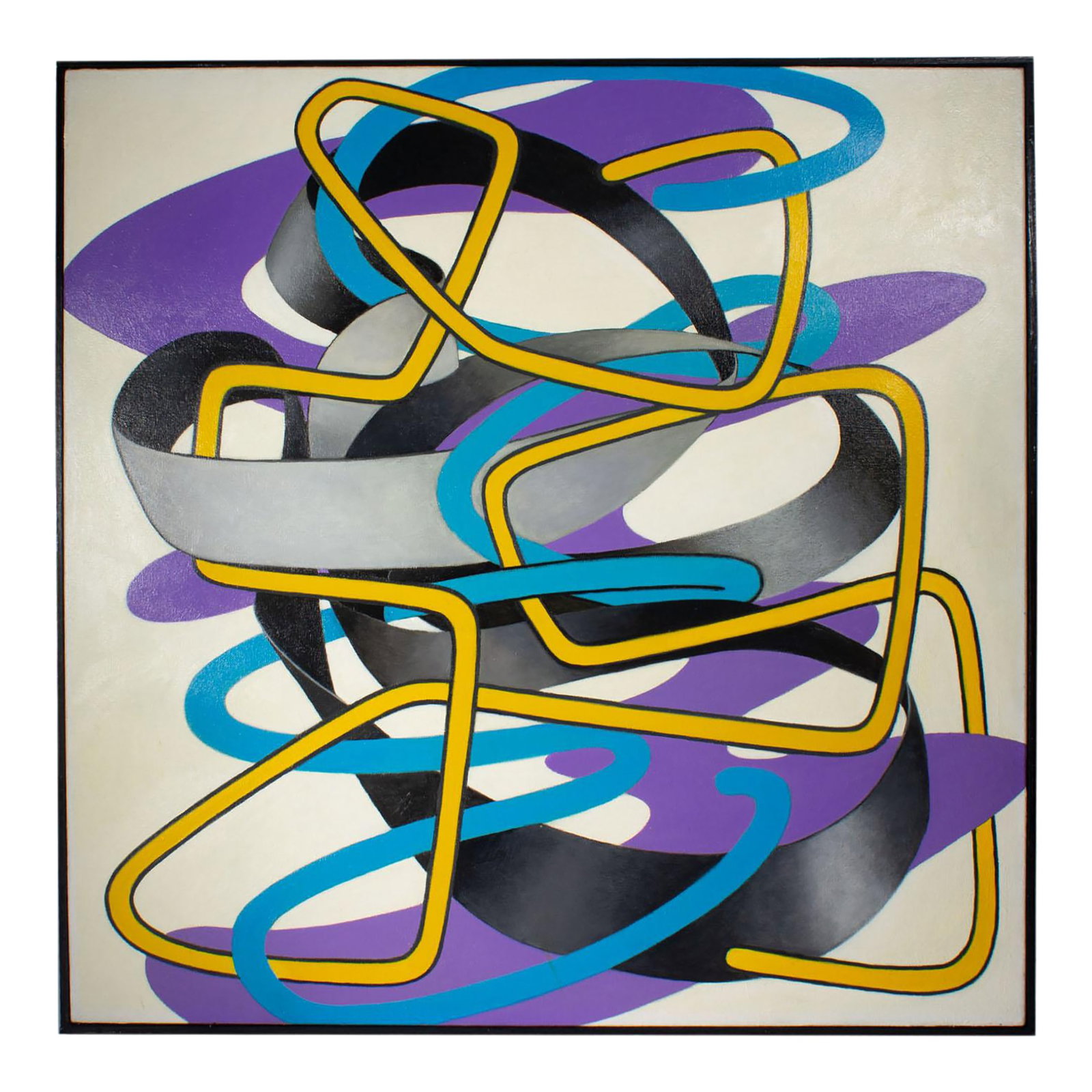 "Bent Blue Wire" Acrylic on Canvas Painting by James Massena March: An acrylic on canvas painting by the American artist James Massena March (1953-2021). Titled "Bent Blue Wire," this abstract work depicts a layered array of twisted shapes in blue, yellow, gray, and