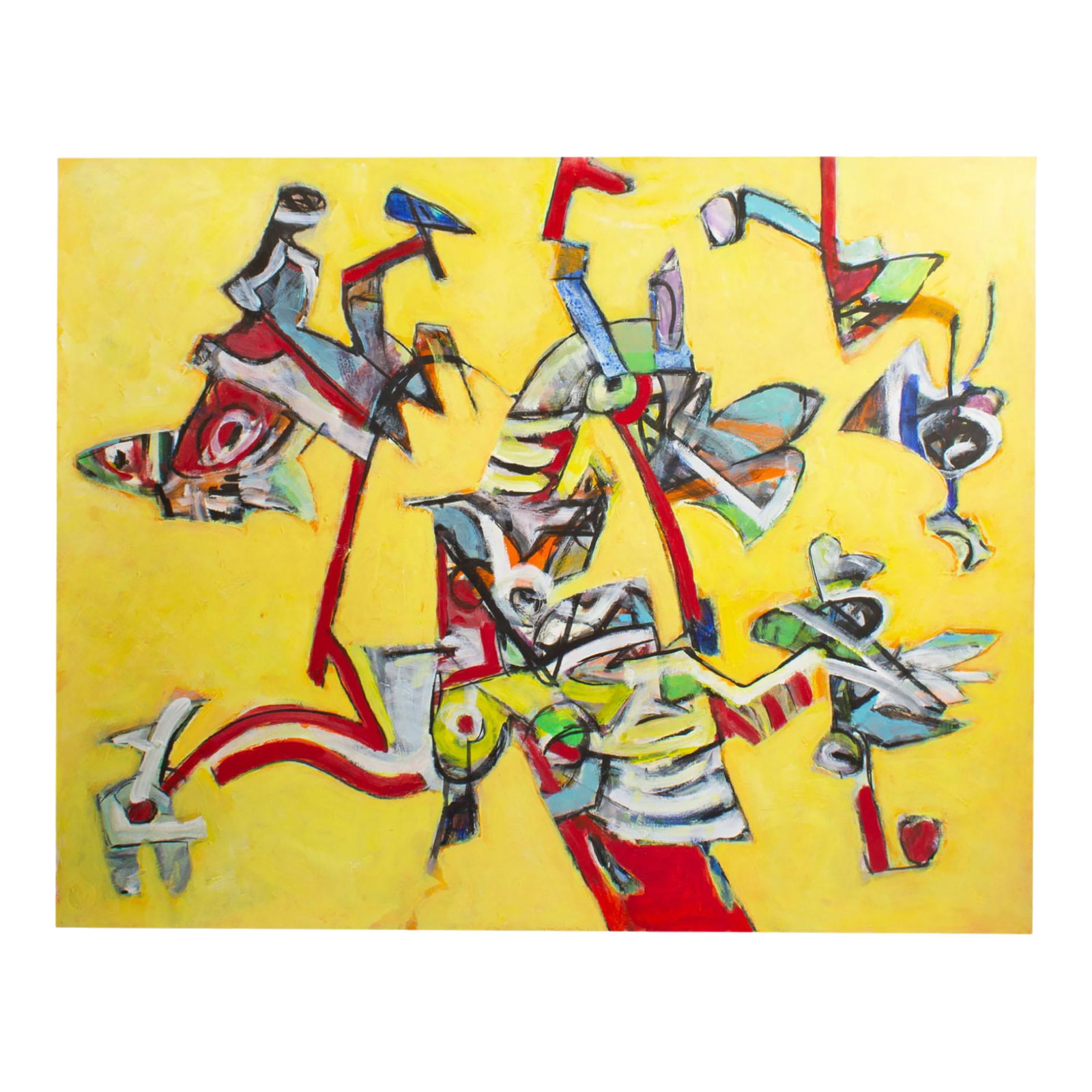 Abstract Acrylic on Paper Painting by James L. Bruch: An acrylic on paper painting by the American artist James L. Bruch (1942-2023). This vibrant work has a bright yellow background filled with colorful red, black, blue, and white organic shapes. Unsign