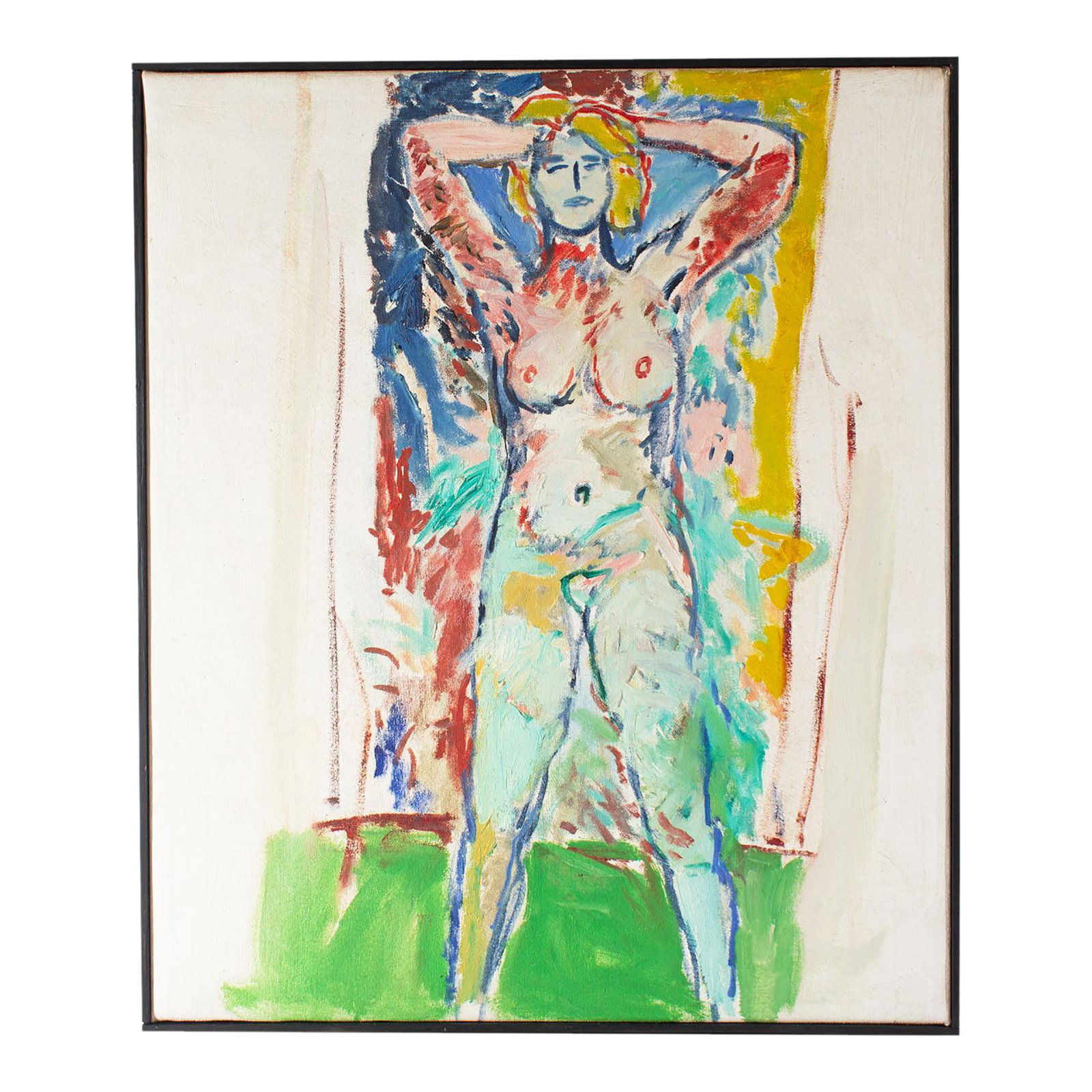 1976 "Kristen" Oil on Canvas Painting of a Female Figure by Abbott Pattison: A 1976 oil on canvas painting by the American artist Abbott Pattison (1916-1999). Titled "Kristen," this painting depicts a nude female figure in a Fauvist color palette of red, yellow, green, and