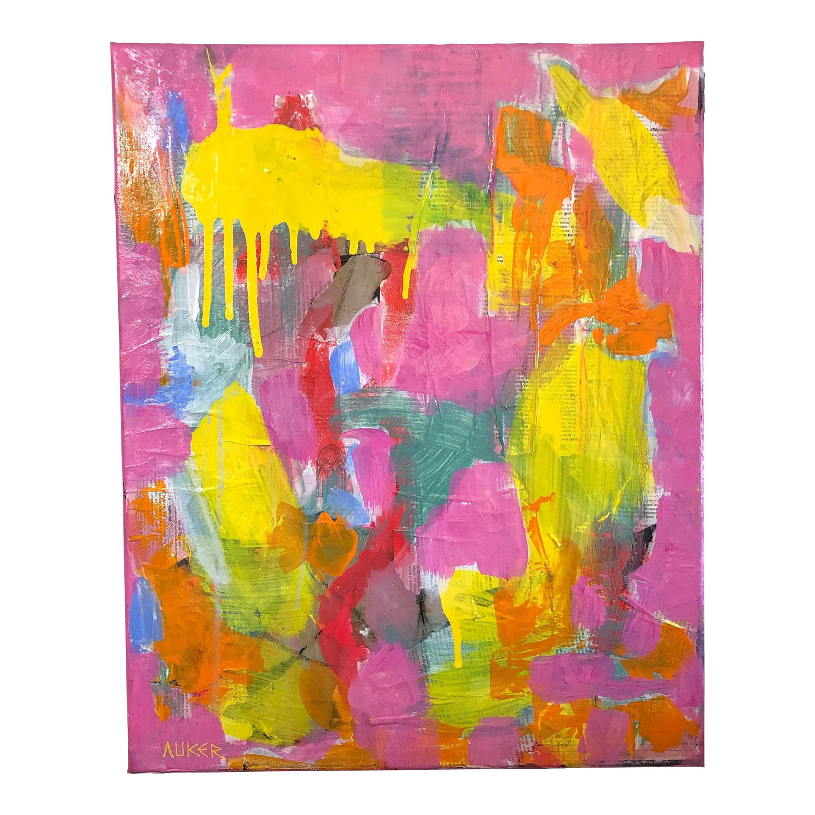 Contemporary Mixed Media on Canvas Original Artwork by Auker "Summer": This composition is expressive, festive and bursts with color. Acrylic and mixed media over vintage dictionary pages on stretched gallery canvas. Painted sides, wired and ready to hang. COA included.