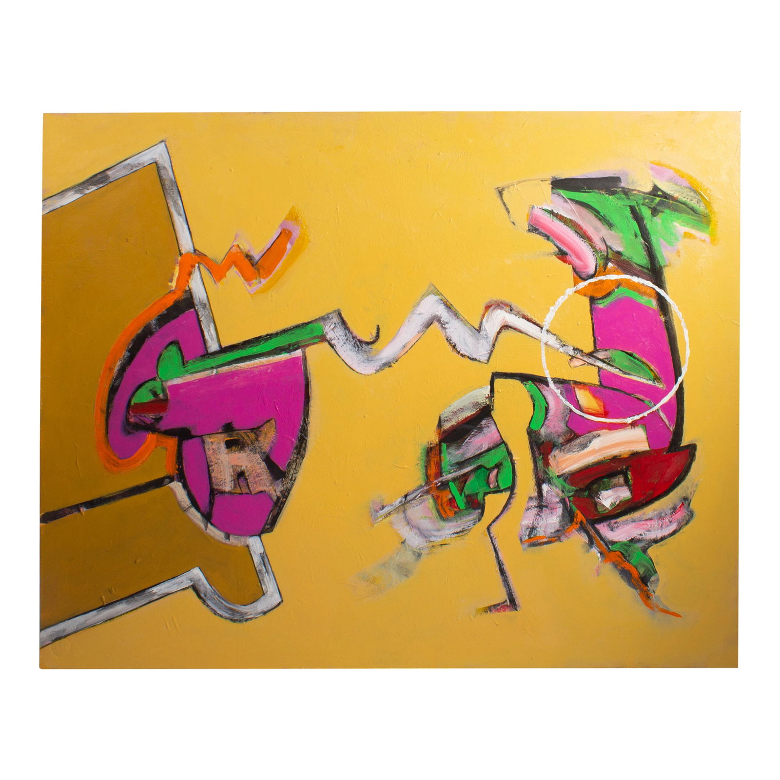 James L. Bruch Abstract Acrylic on Paper Painting: An acrylic on paper painting by the American artist James L. Bruch (1942-2023). This abstract work consists of a playful concert of jagged shapes in pink, green, orange, and white against a solid