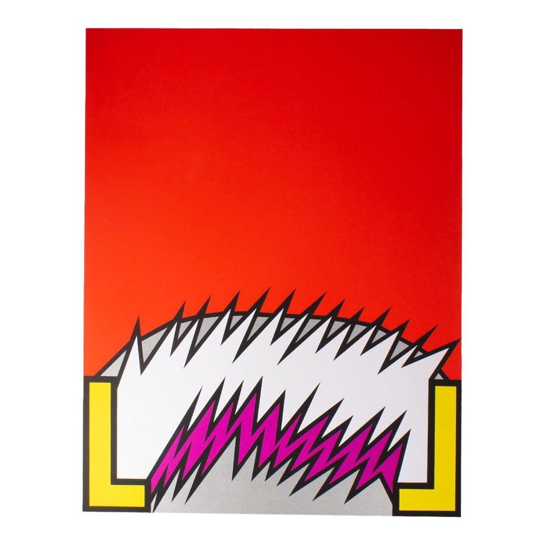 1971 "The Trial of the Catonsville 9" Serigraph Print by Nicholas Krushenick: A 1971 serigraph print by the American artist Nicholas Krushenick (1929-1999). Titled "The Trial of the Catonsville 9," this abstract work has a bright red background punctuated with a jagged white