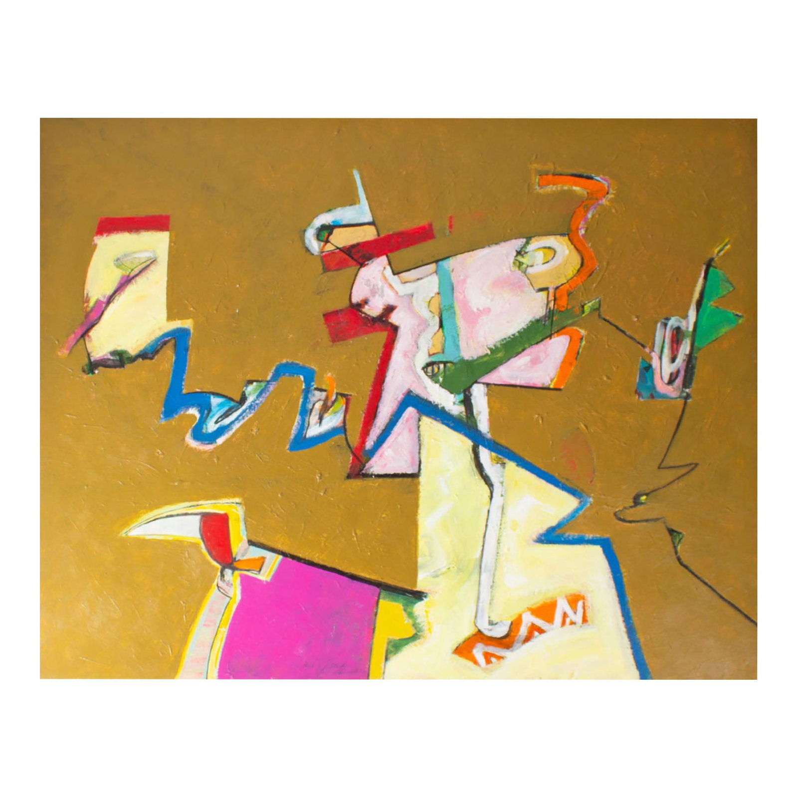 2012 Abstract Acrylic on Paper Painting by James L. Bruch: A 2012 acrylic on paper painting by the American artist James L. Bruch (1942-2023). This vibrant work has a bronze background punctuated by multicolored organic shapes. Signed and dated near the lower