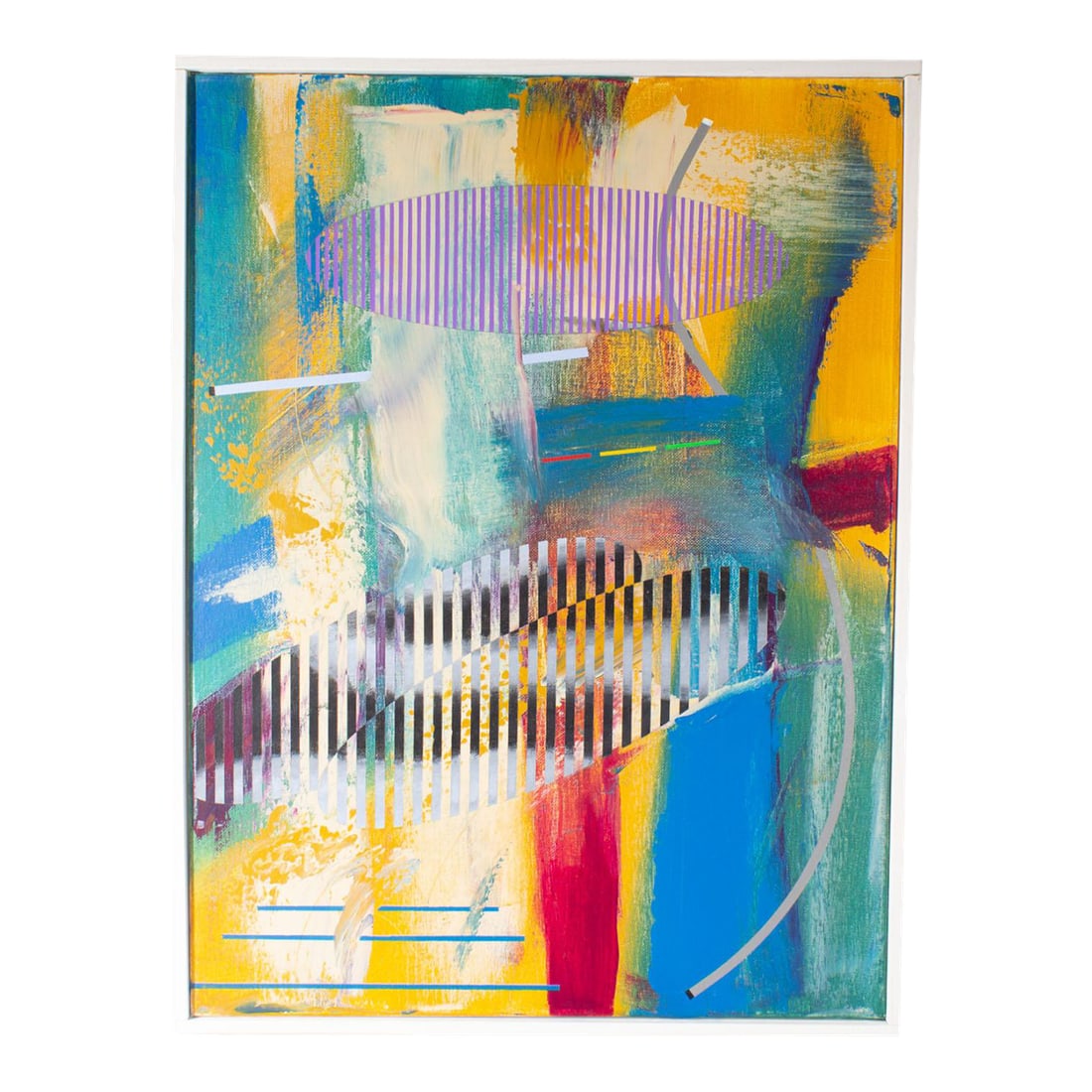 2014 "Inclement Weather" Acrylic on Canvas Painting by James Massena March: A 2014 acrylic on canvas painting by the American artist James Massena March (1953-2021). Titled "Inclement Weather," this abstract work consists of layers of patterns and colors in bright blue, yello