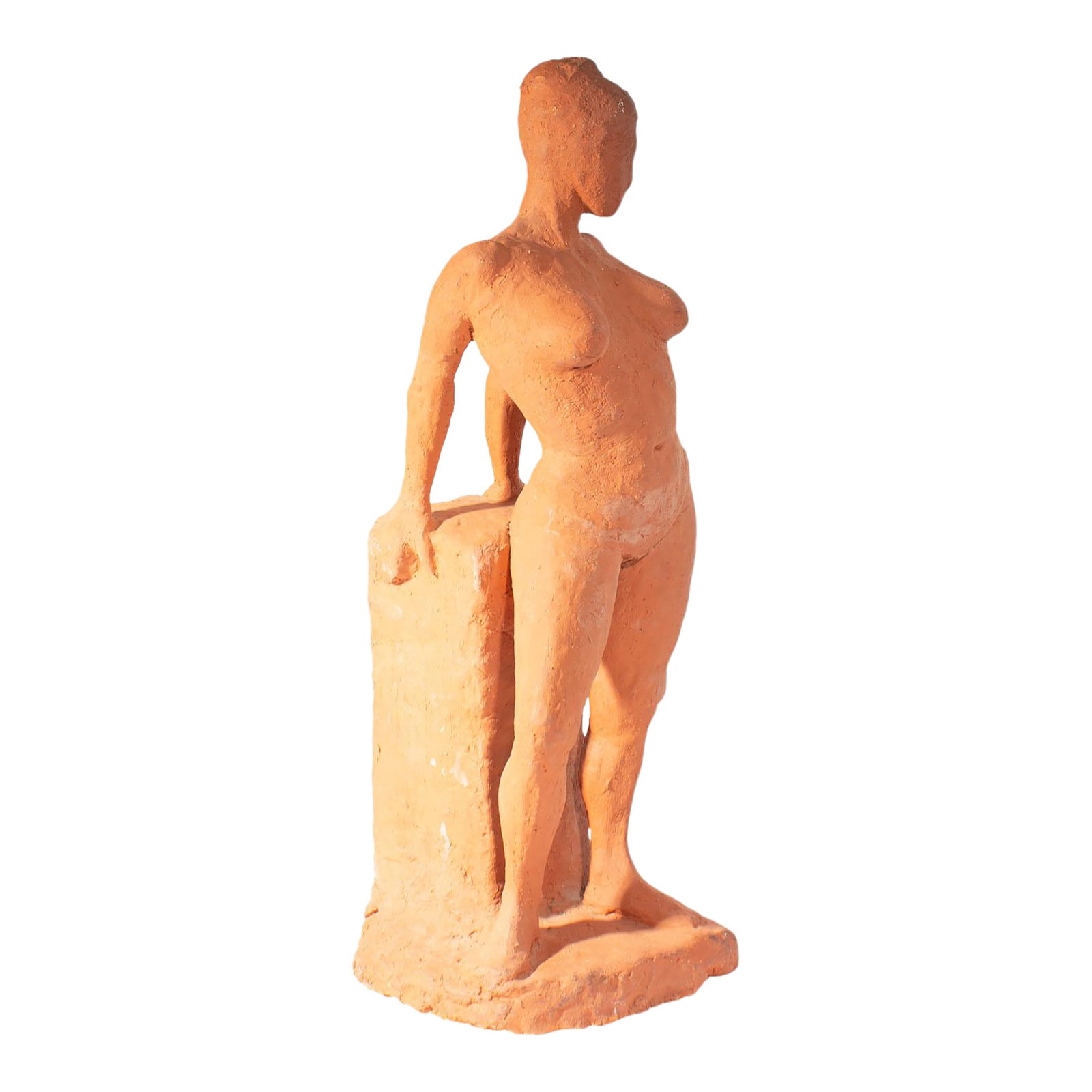 1964 Terra Cotta Sculpture of a Female Figure by C. Yager: A 1964 terra cotta sculpture by C. Yager. This sculpture depicts nude a female figure leaning against a block base with her arms behind her and her hair in a top knot. The piece is signed and dated on