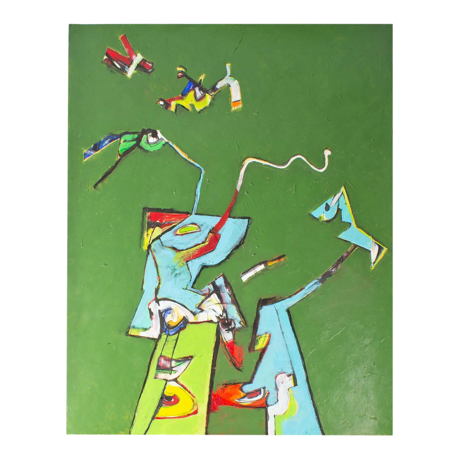 Abstract Acrylic on Paper Painting by James L. Bruch: An acrylic on paper painting by the American artist James L. Bruch (1942-2023). This vibrant work has a bright green background punctuated by red, yellow, black, white, and blue organic shapes.