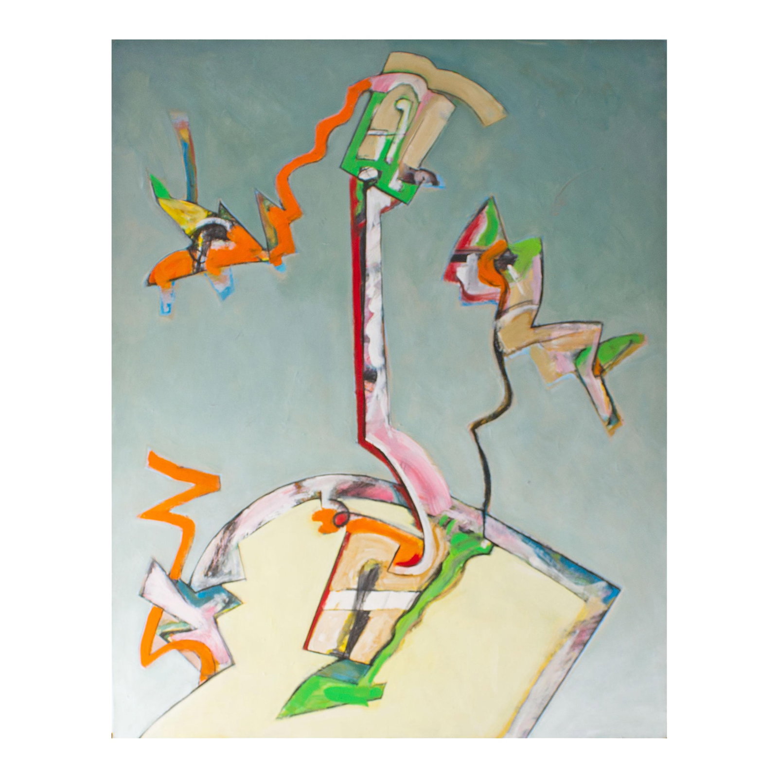 Abstract Acrylic on Paper Painting by James L. Bruch: An acrylic on paper painting by the American artist James L. Bruch (1942-2023). This vibrant work features red, yellow, orange, green, and white organic shapes depicted against a light blue background