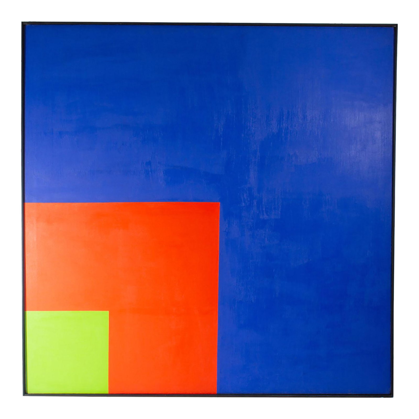 Mid-Century Abstract Acrylic on Canvas Painting: A mid-20th century acrylic on canvas painting. Unsigned, this painting consists of three overlapping squares of green, orange, and blue emanating from the bottom left corner of the canvas. The