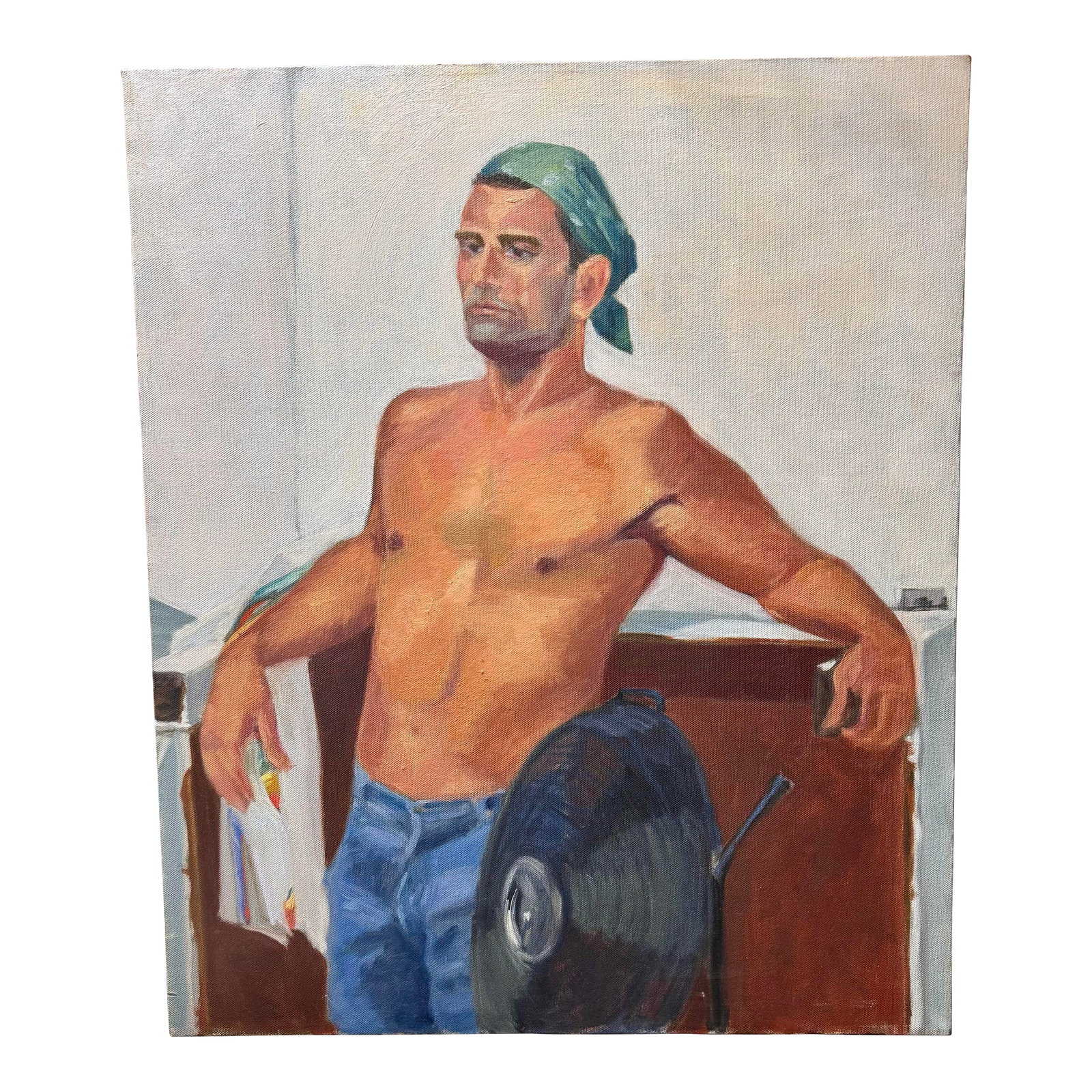 Stunning Vintage 1970 Commissioned Painting of a Half Nude Male Wearing a Head Bandana While Resting: Stunning Vintage 1970 Commissioned Painting Of A Half Nude Male Wearing A Head Bandana While Resting Against A Counter. I couldn't find the signature, painted by a local artist in California in the