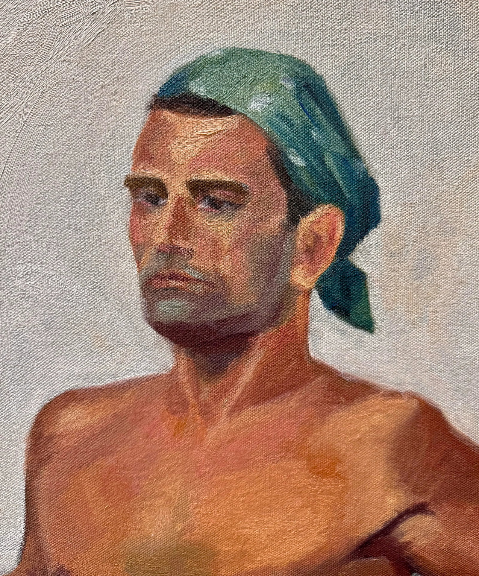 Stunning Vintage 1970 Commissioned Painting of a Half Nude Male Wearing a Head Bandana While Resting - 2