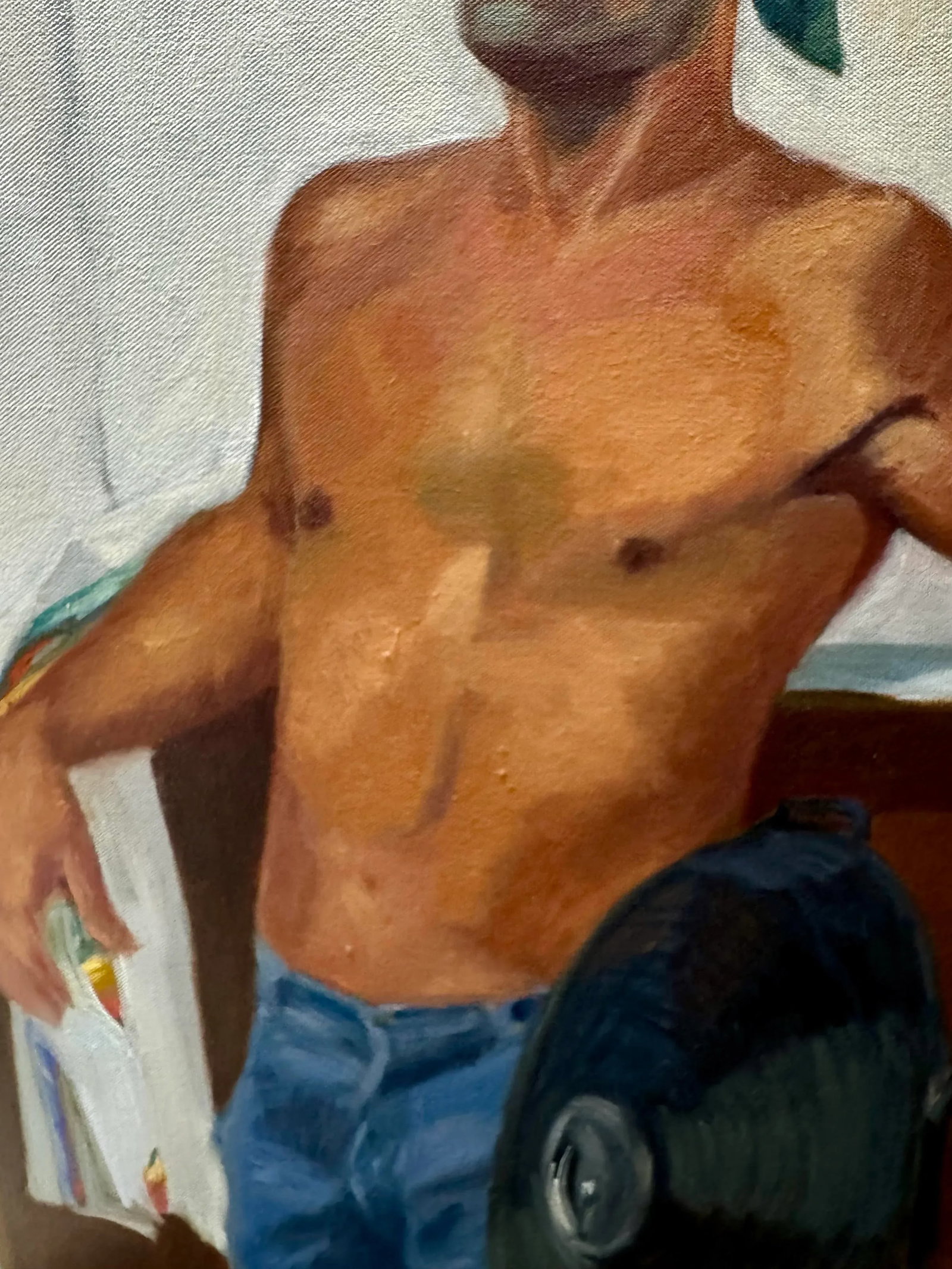 Stunning Vintage 1970 Commissioned Painting of a Half Nude Male Wearing a Head Bandana While Resting - 3