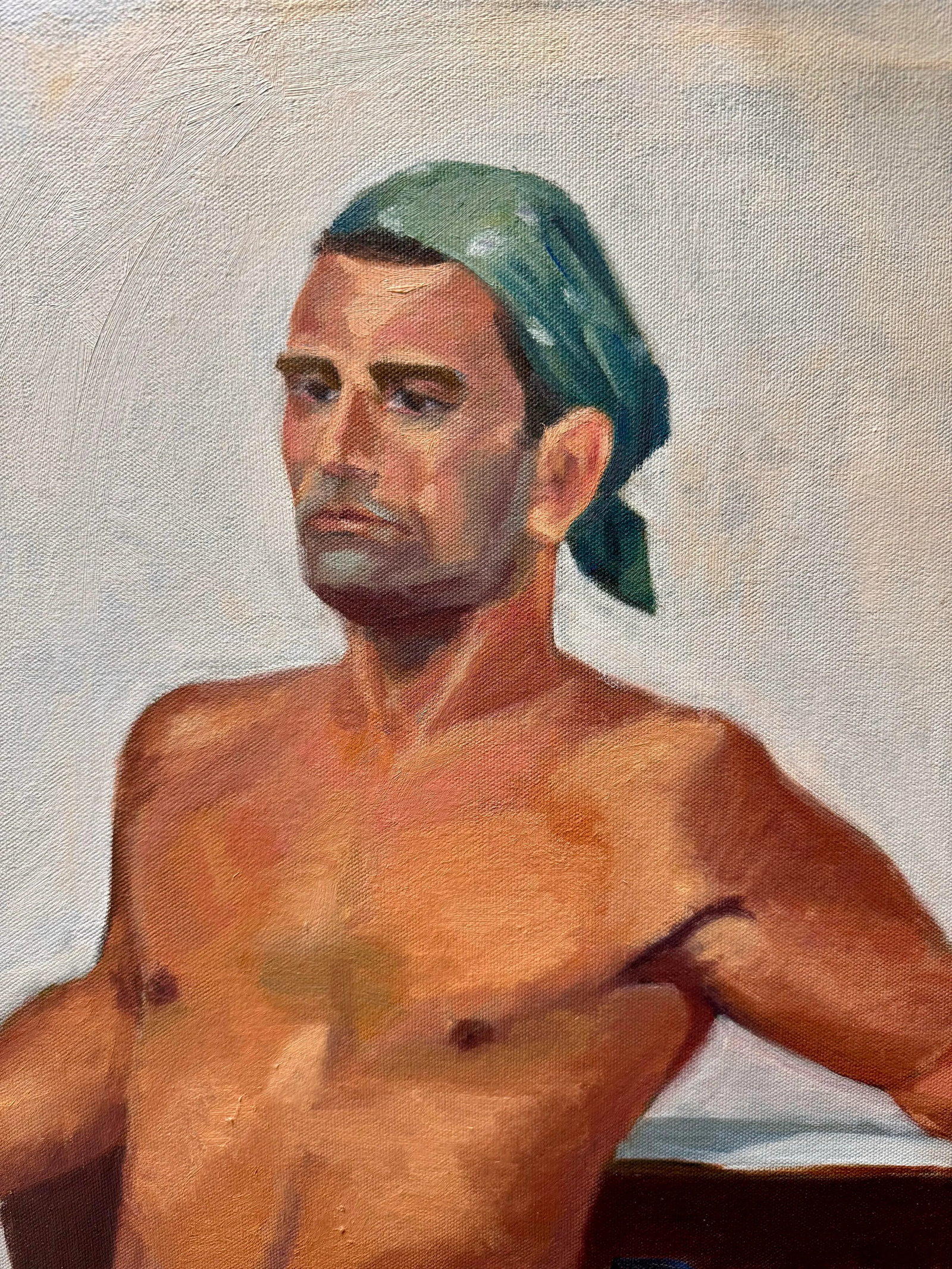 Stunning Vintage 1970 Commissioned Painting of a Half Nude Male Wearing a Head Bandana While Resting - 4