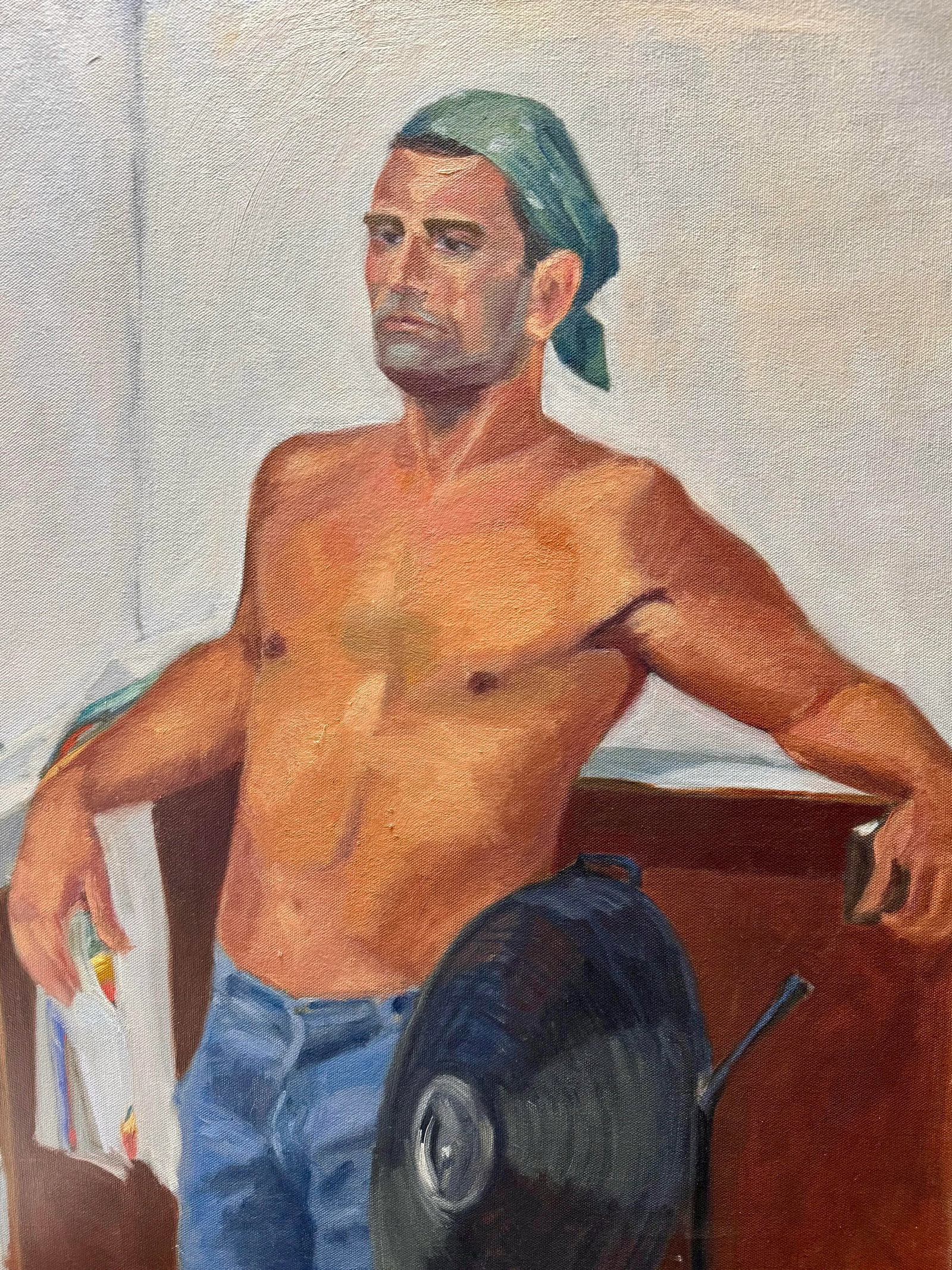 Stunning Vintage 1970 Commissioned Painting of a Half Nude Male Wearing a Head Bandana While Resting - 5