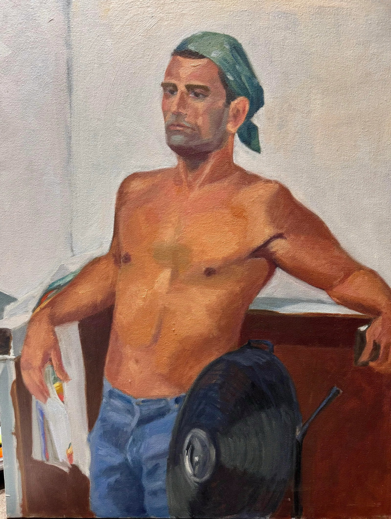 Stunning Vintage 1970 Commissioned Painting of a Half Nude Male Wearing a Head Bandana While Resting - 6