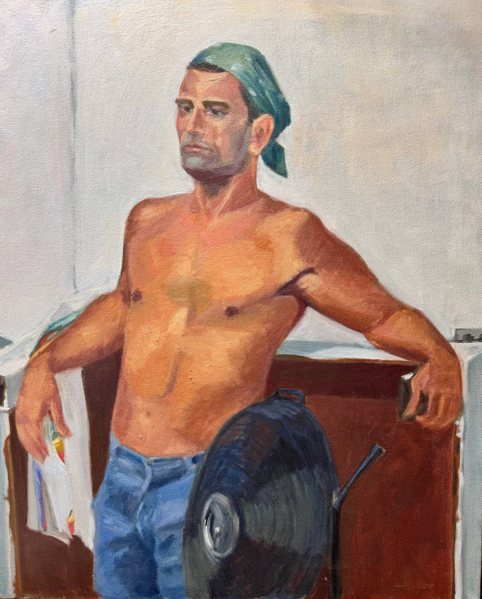 Stunning Vintage 1970 Commissioned Painting of a Half Nude Male Wearing a Head Bandana While Resting - 7
