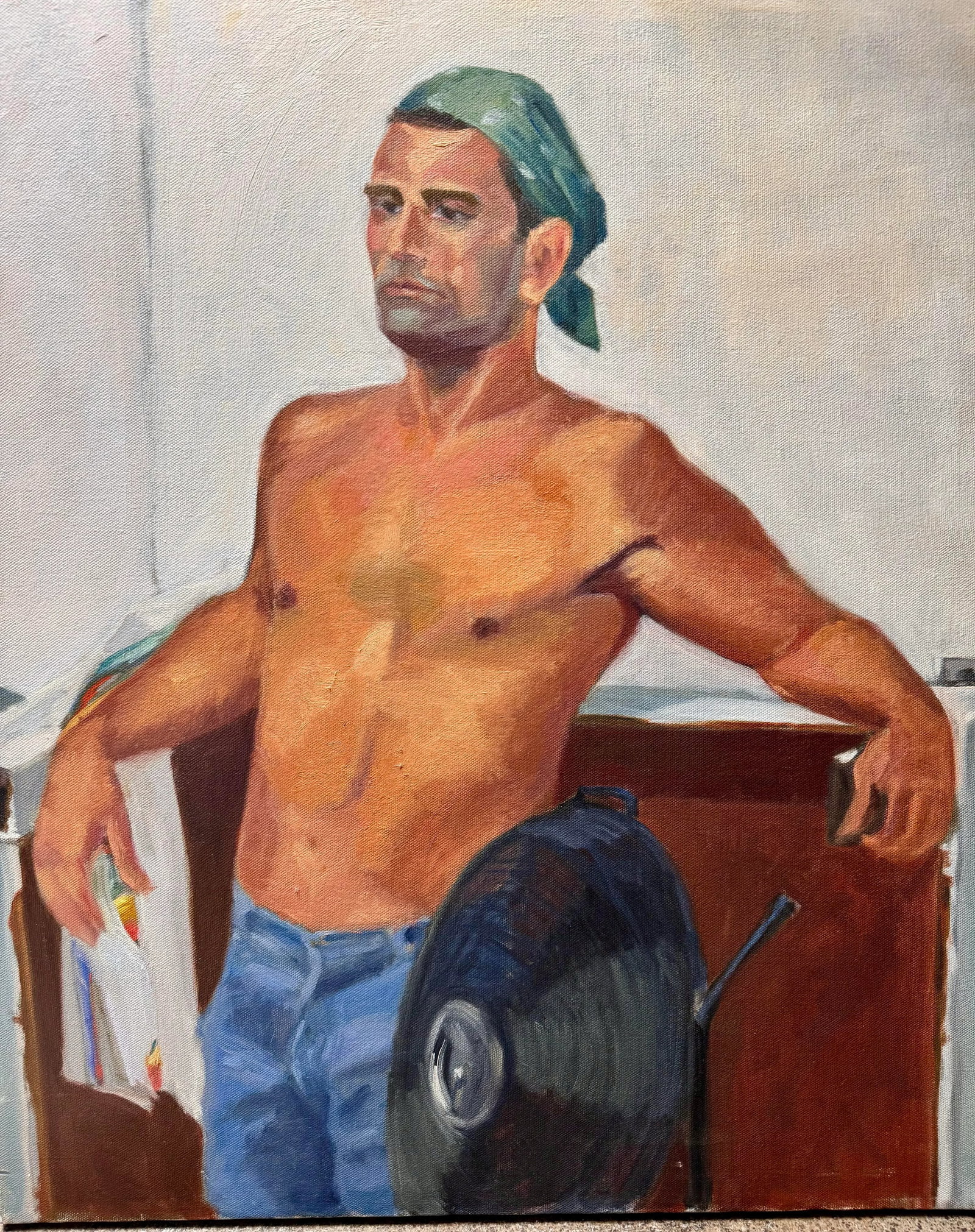 Stunning Vintage 1970 Commissioned Painting of a Half Nude Male Wearing a Head Bandana While Resting - 8