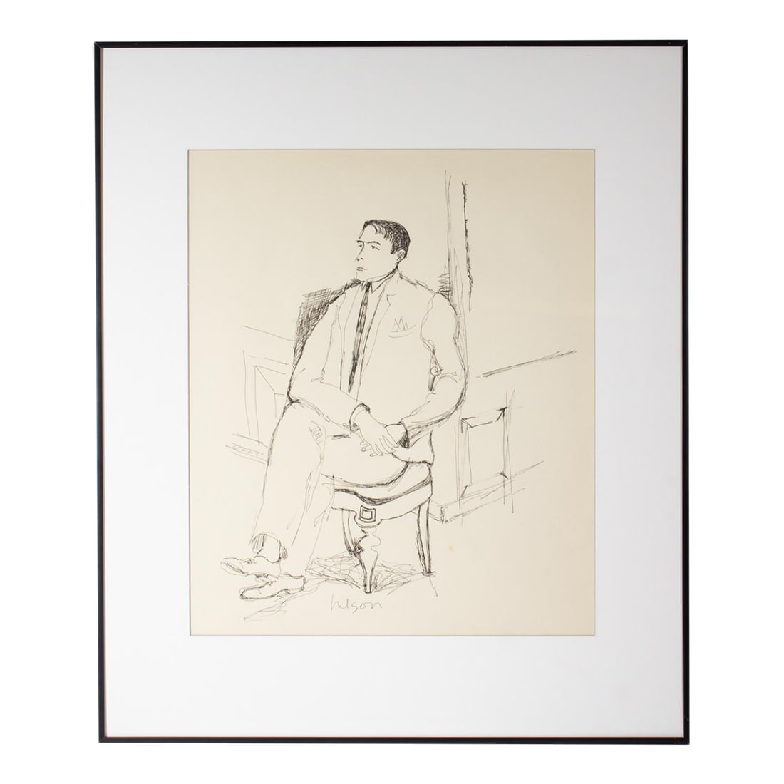 1960s Ink Portrait Drawing of Seated Man by Harry Hilson: A 1960s ink portrait drawing by the American artist Harry Hilson (1935-2004). This abstract work depicts a man in a suit seated within an interior. Signed to the lower center, the drawing is displayed