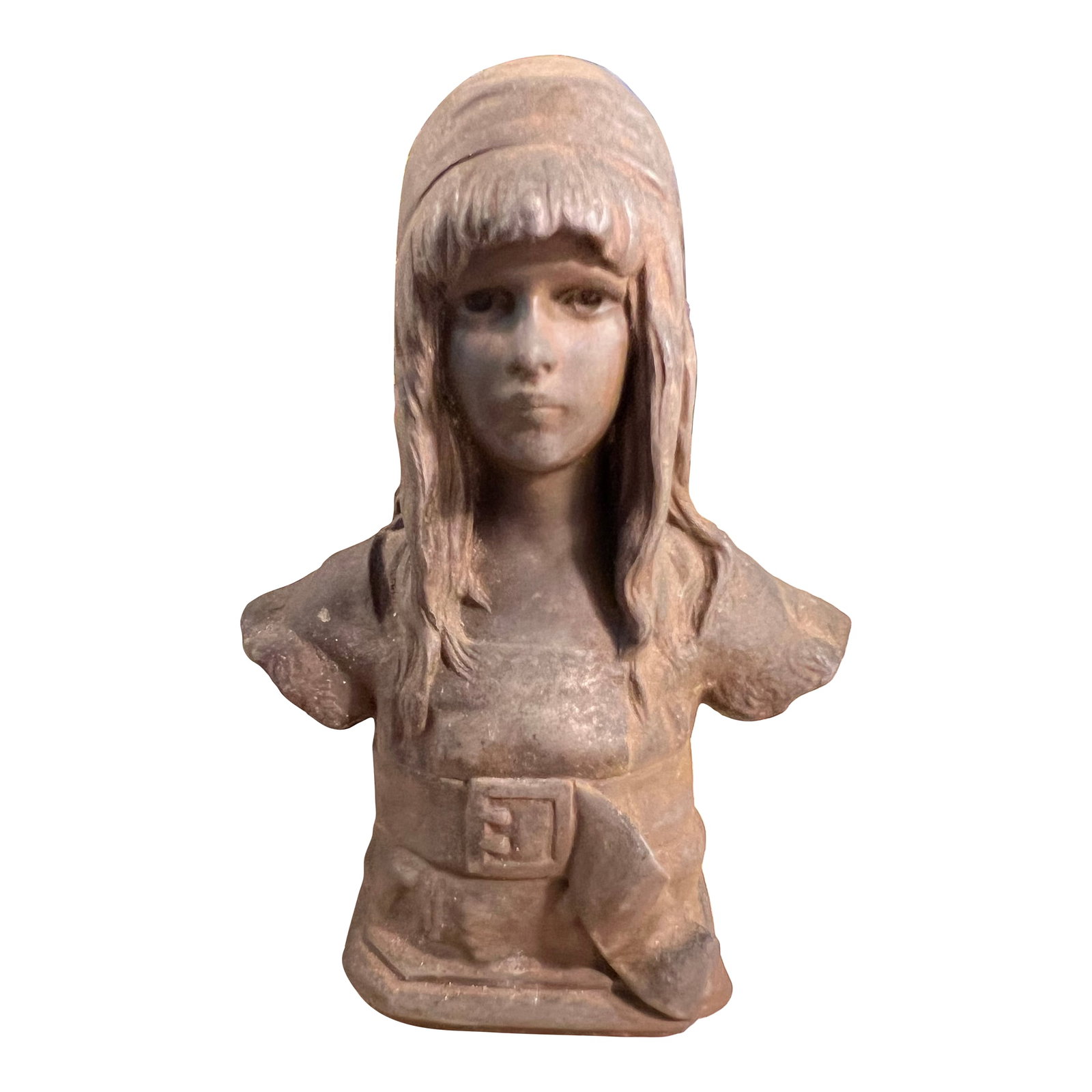 Late 19th Century Vintage Art Nouveau Statue of a Girl Signed: Statue of a young long haired girl. This has a lot of detail with a classic Nouveau style. A very heavy piece I believe it it be bronze with a brown patina. The bust is signed Nelson. (Henri Alphonse
