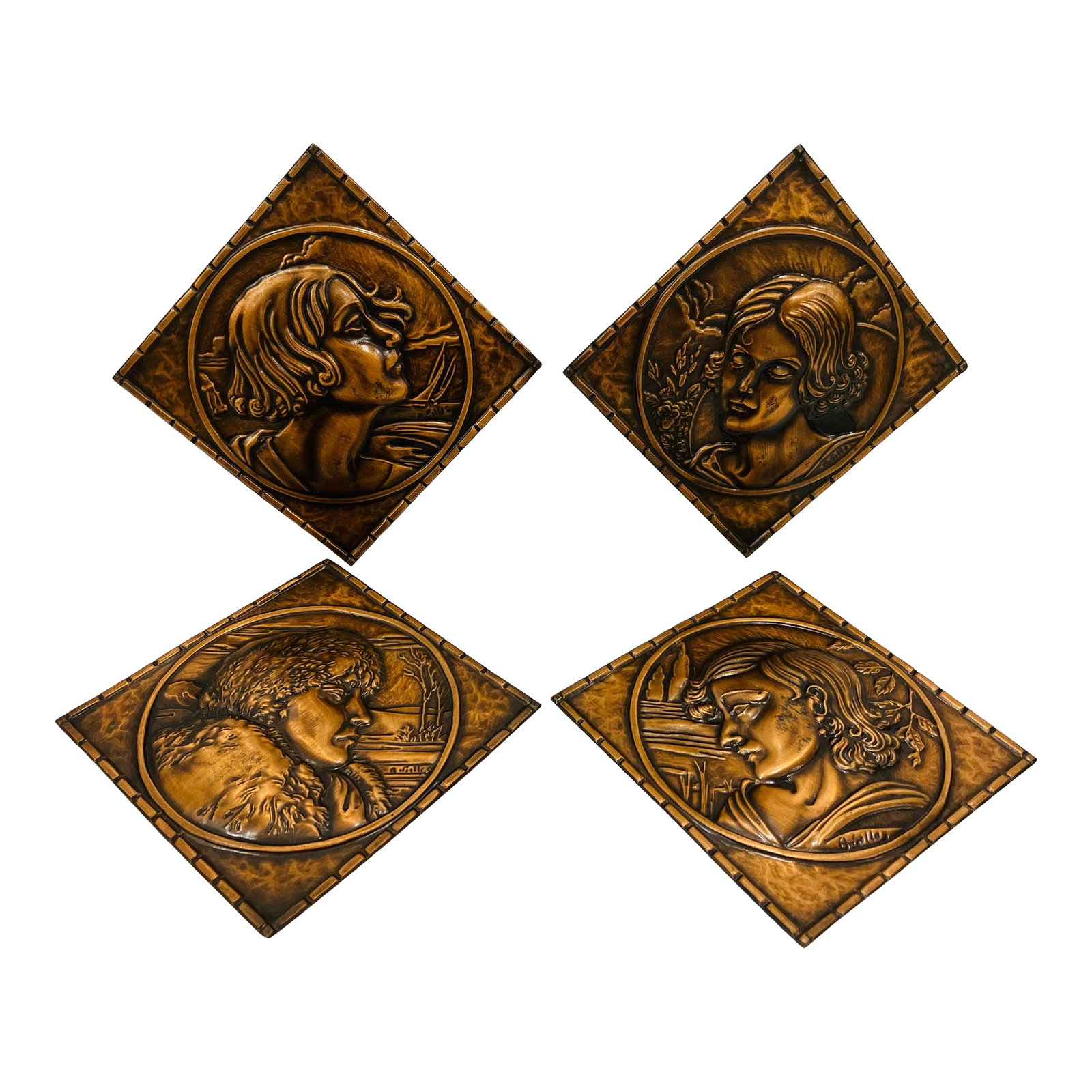 Set of 4 Copper Portraits Signed Gilles: This set of 4 original copper panels were created in the 30's by Albert Gilles (1895- 1979) Born in Paris he moved to French Canada At Chateau- Richer, Canada his family has established Cuivres d'art 