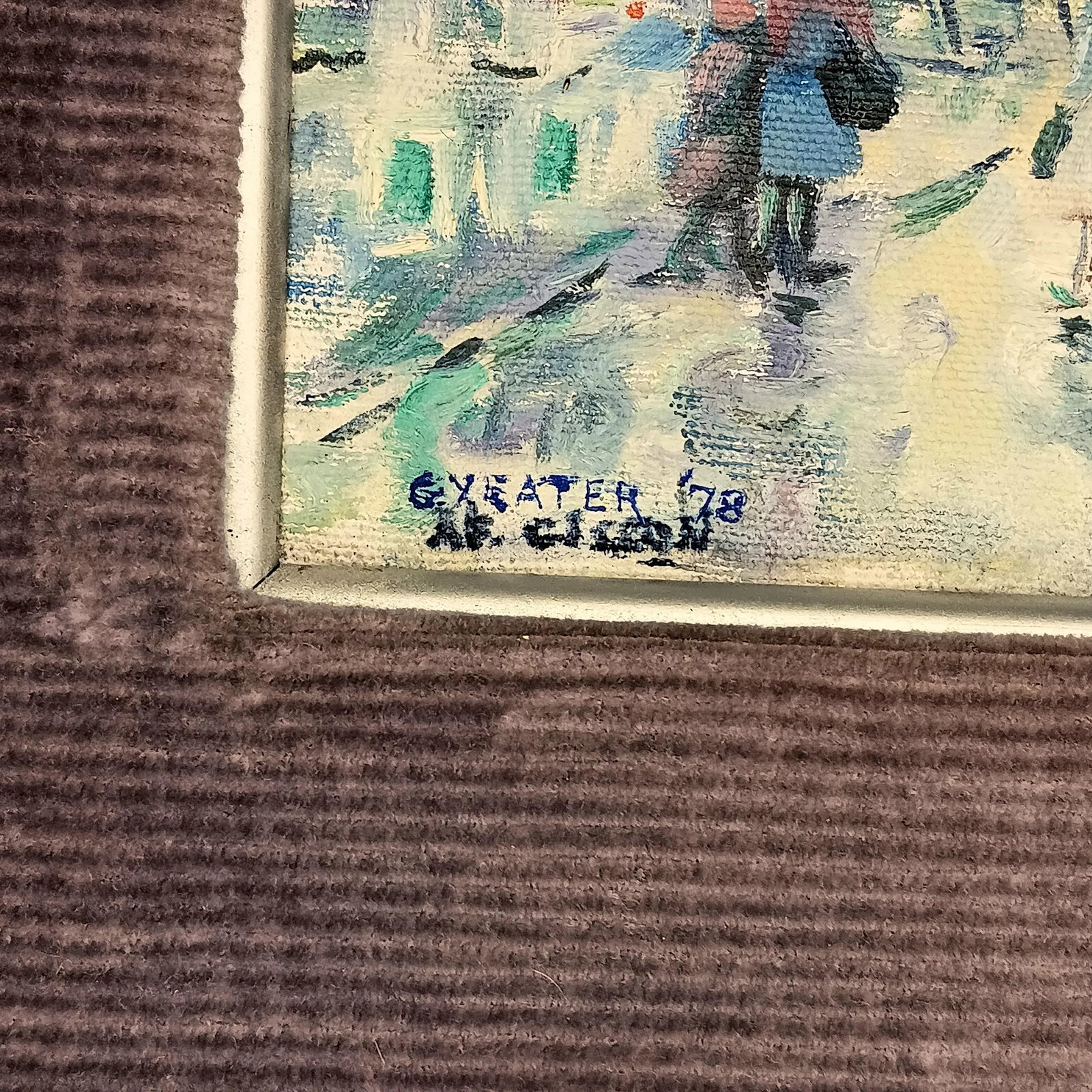 VTG Street Scene #1 Impressonist Painting Purple Velvet Matt Silver Frame 1978 - 12
