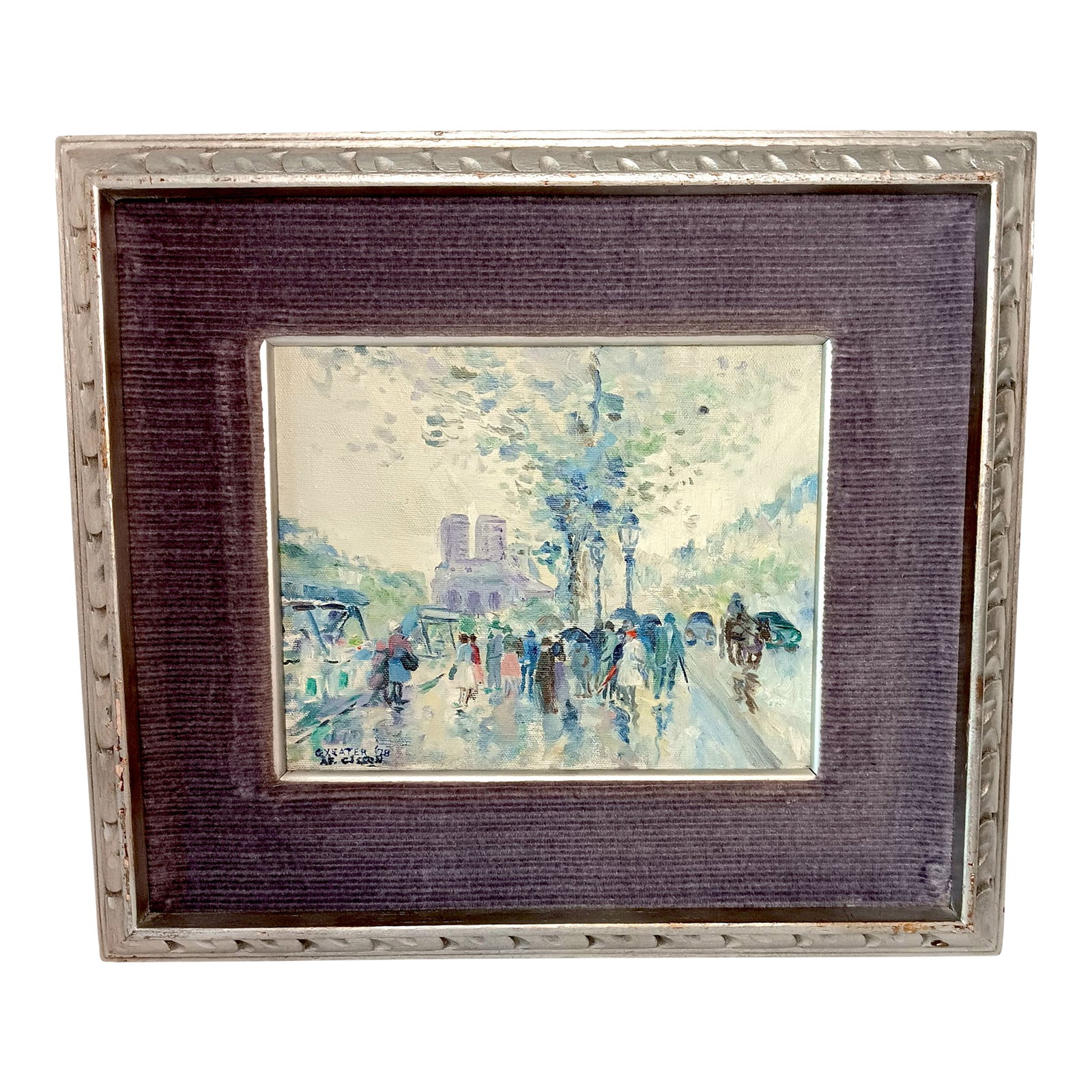 VTG Street Scene #1 Impressonist Painting Purple Velvet Matt Silver Frame 1978: VTG Street Scene #1 Impressonist Painting Purple Velvet Matt Silver Frame 1978 Approximately 16.5" x 14.5" Painting is approximately 8" x 10" Weighs approximately 2 lbs Good vintage condition. Frame
