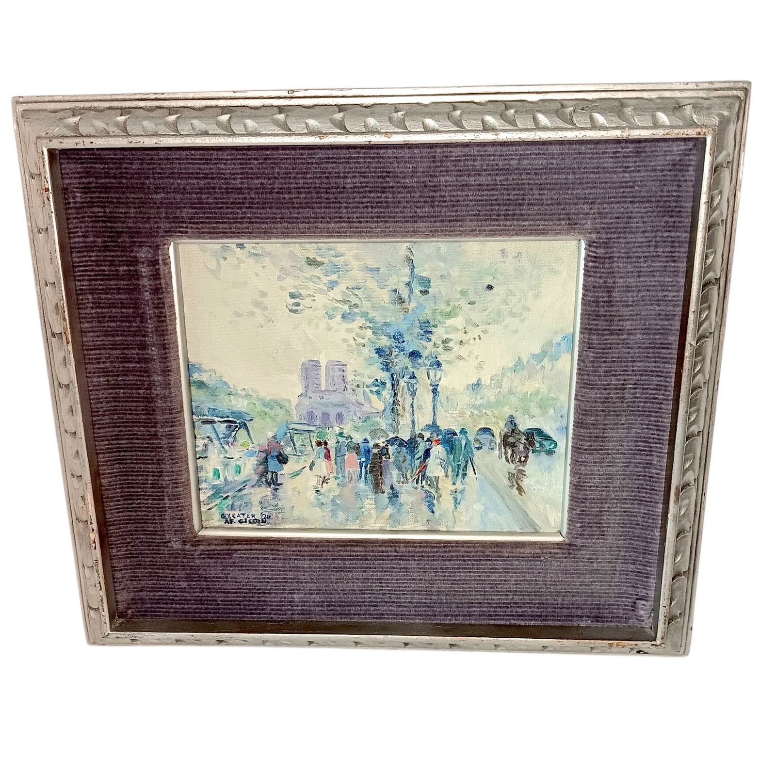 VTG Street Scene #1 Impressonist Painting Purple Velvet Matt Silver Frame 1978 - 2