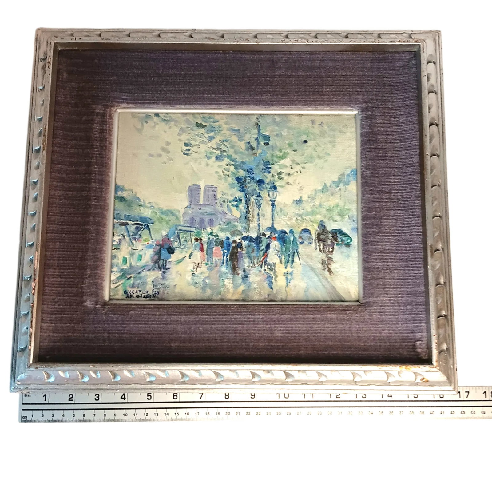 VTG Street Scene #1 Impressonist Painting Purple Velvet Matt Silver Frame 1978 - 6